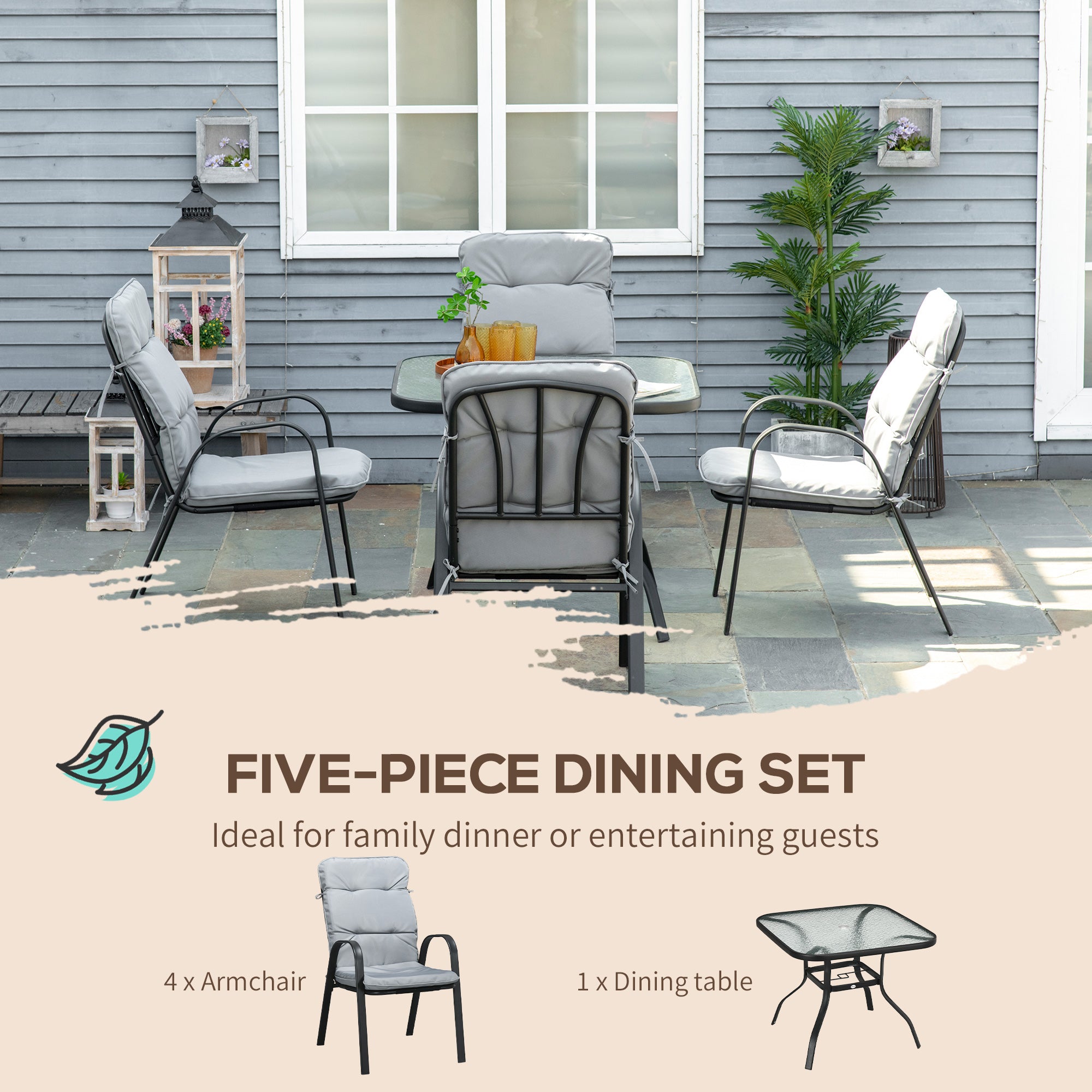 Outsunny 5 Pieces Outdoor Square Garden Dining Set w/ Tempered Glass Dining Table 4 Cushioned Armchairs, Umbrella Hole, Grey - North Peak Garden Furniture