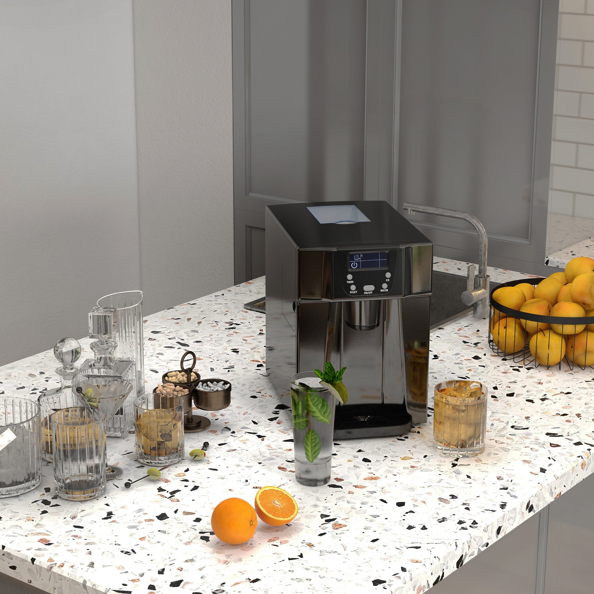 HOMCOM Ice Maker Machine and Water Dispenser, Counter Top Ice Cube Maker for Home with 3L Tank, Adjustable Cube Size, 9 Ice Cubes per 6-10 Minutes, No Plumbing Required, Black - North Peak Garden Furniture