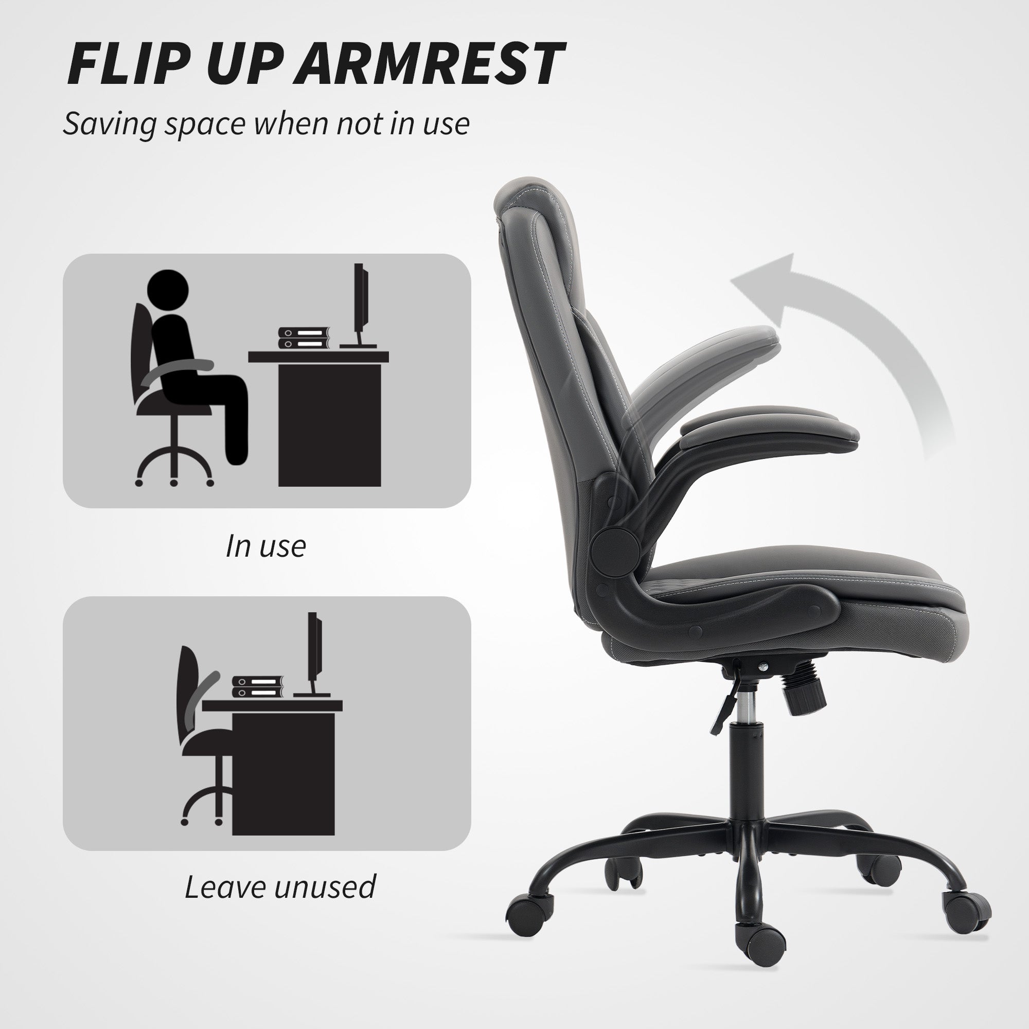 HOMCOM Faux Leather Office Chair. with Flip-Up Armrests - Charcoal Grey