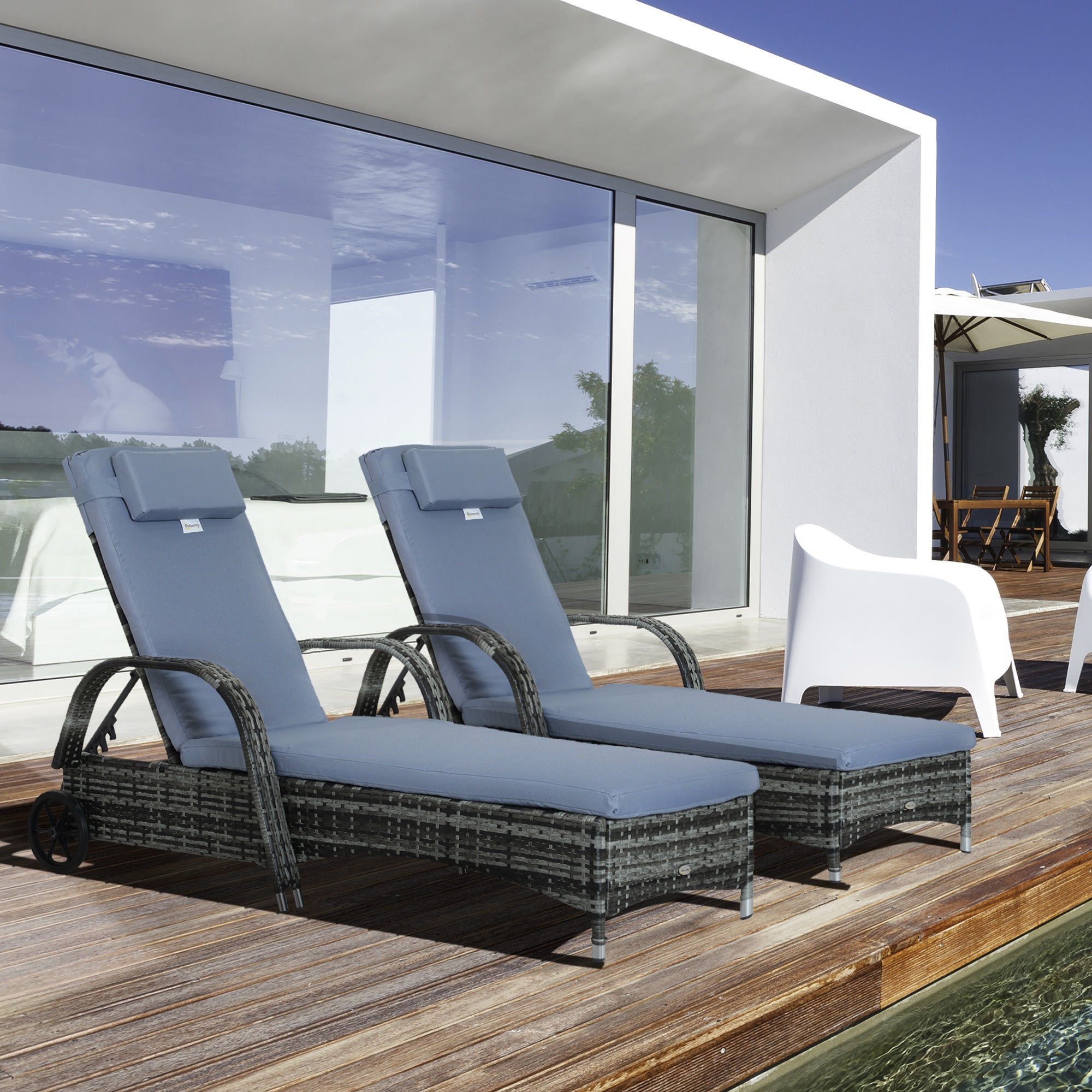 Outsunny 2PC Rattan Sun Lounger Recliner Bed Reclining Chair Patio Garden Outdoor Wicker Weave Adjustable Headrest with Fire Retardant Cushion – Grey - North Peak Garden Furniture