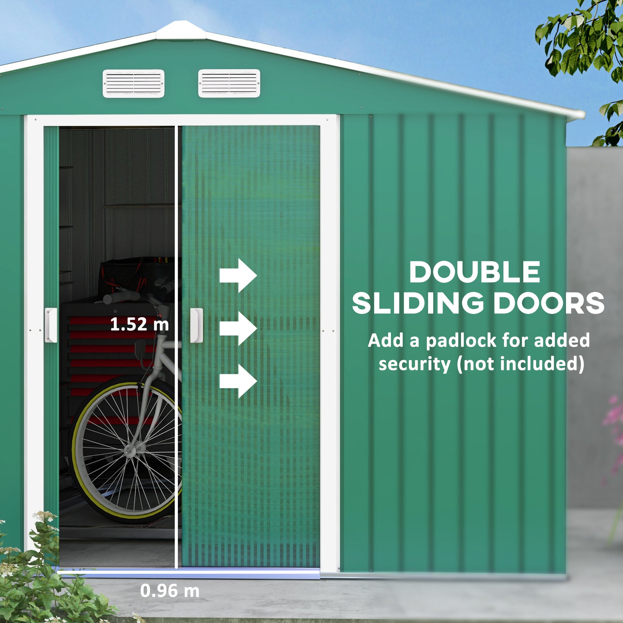 Outsunny 9 x 6ft Metal Garden Shed, Outdoor Storage Tool House with Ventilation Slots, Foundation Kit and Lockable Double Doors, Green - North Peak Garden Furniture