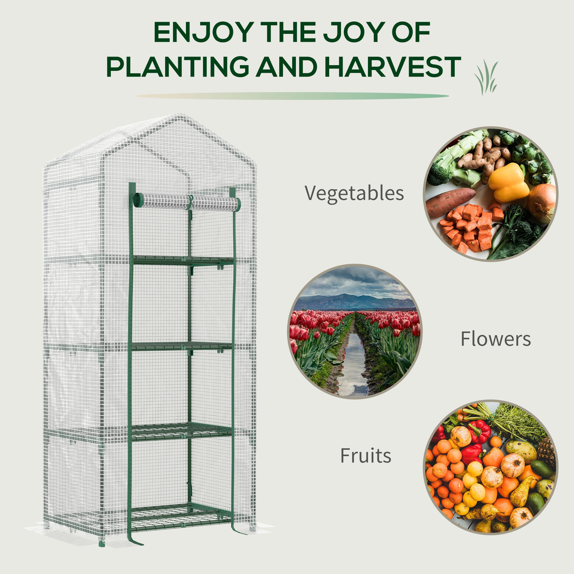 Outsunny 4 Tier Mini Greenhouse, Portable Green House with Steel Frame, PE Cover, Roll-up Door, 70 x 50 x 160 cm, White | Aosom UK