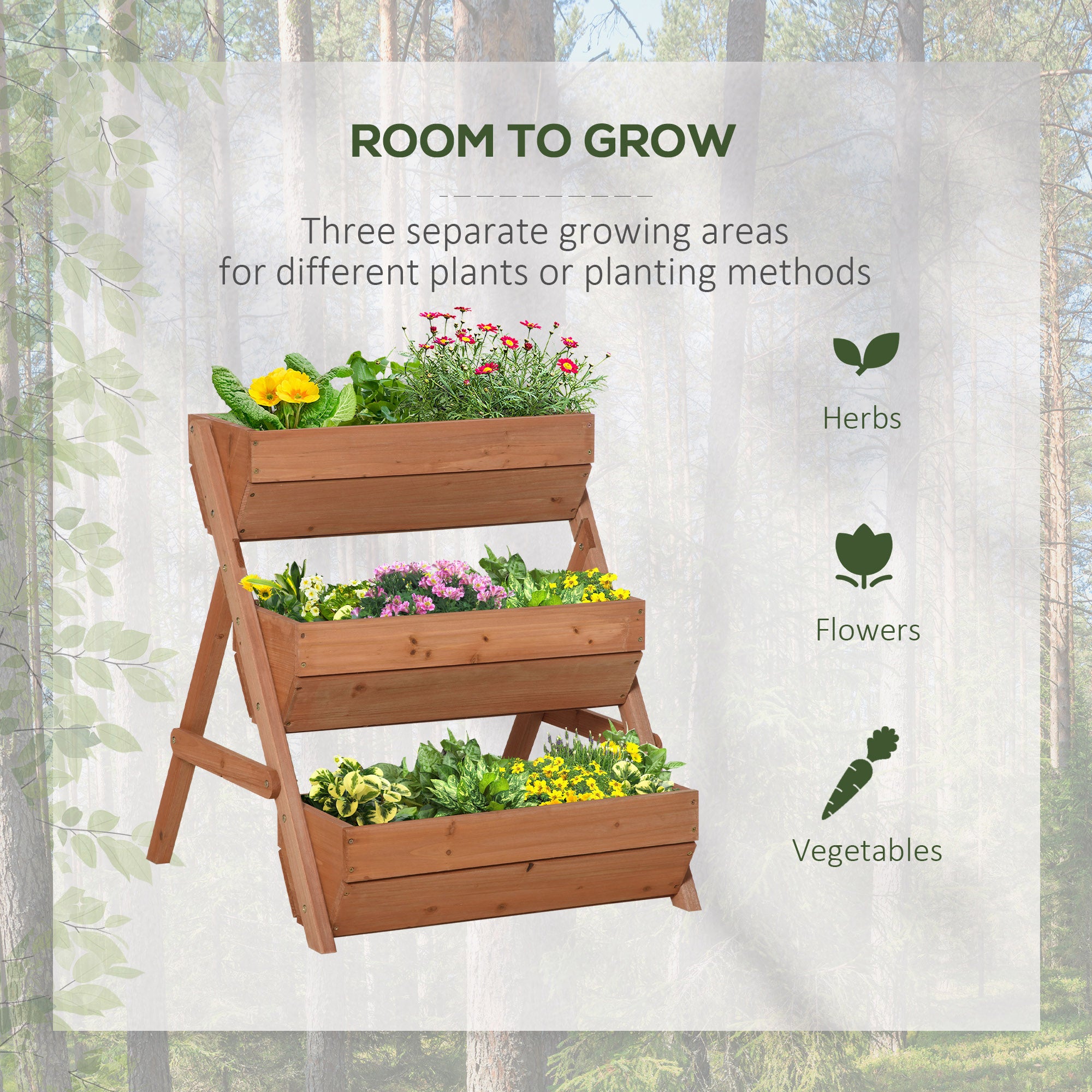 Outsunny 3 Tier Raised Garden Bed Wooden Elevated Planter Box Kit, 66L for Flower, Vegetable, Herb, 65x75x78cm, Brown - North Peak Garden Furniture