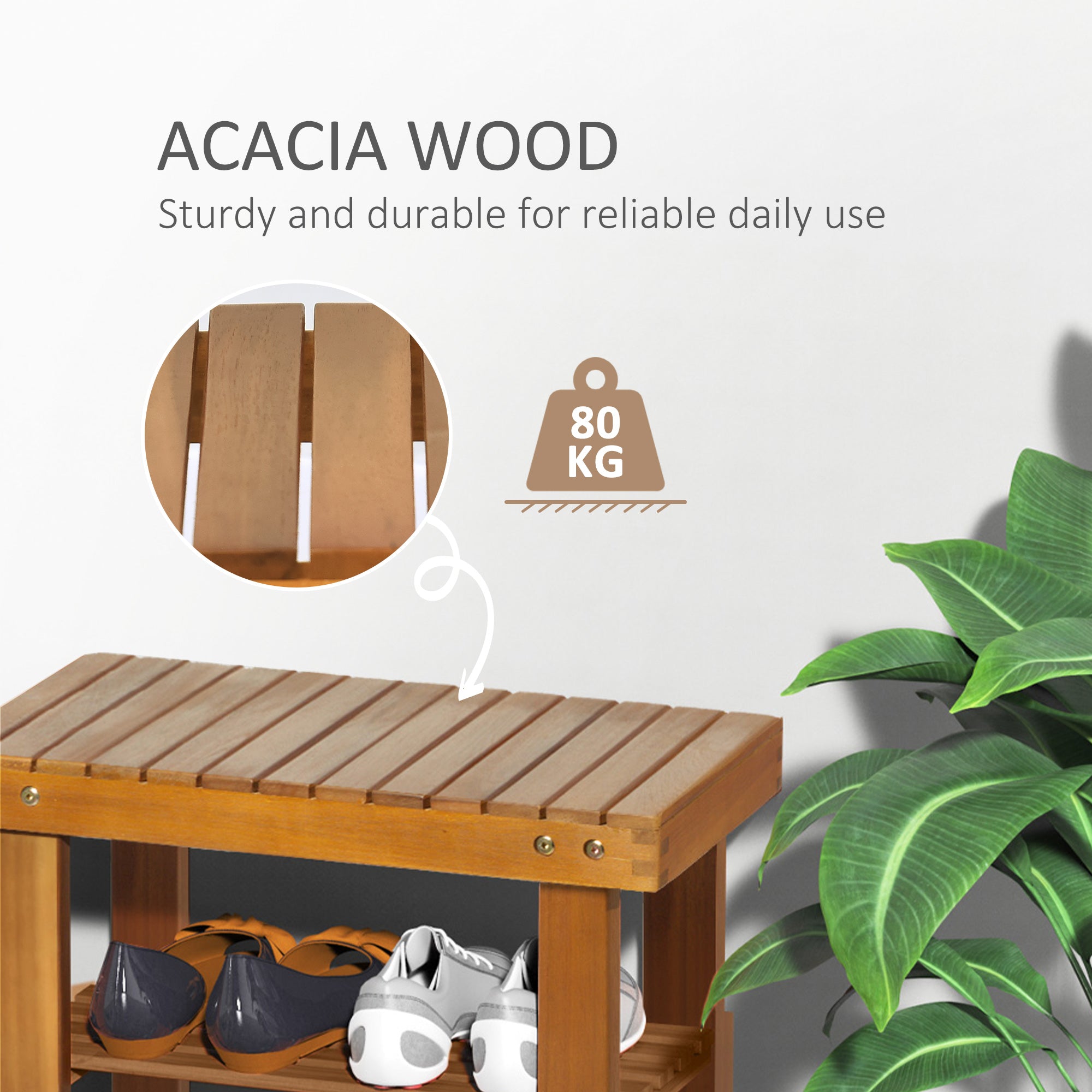 HOMCOM Acacia Wood Shoe Bench, 3-Tier Shoe Storage Rack, Hallway Organizer Shelf, for Entryway, Living Room, Bedroom, 50 x 28 x 45 cm, Teak - North Peak Garden Furniture