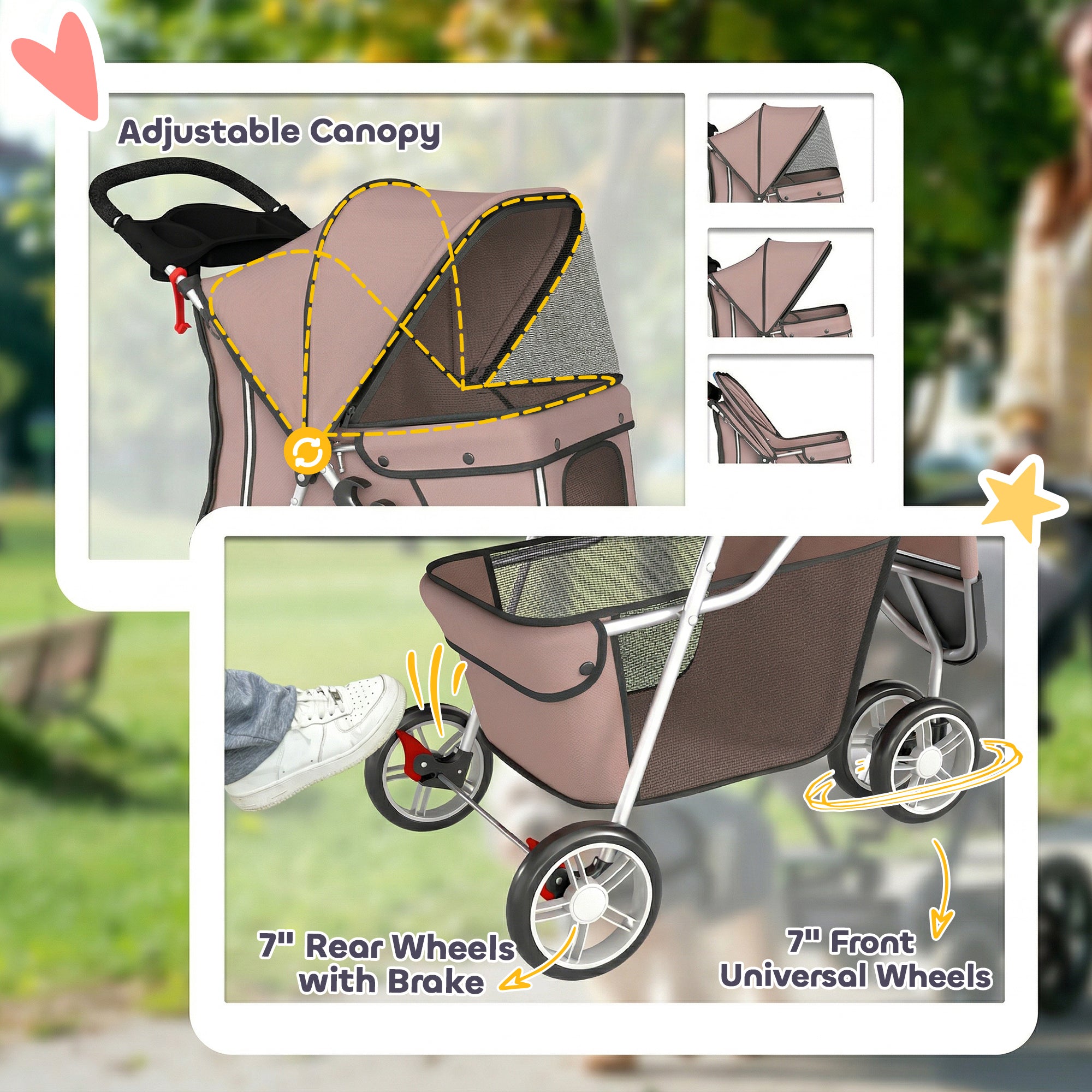 PawHut Dog Stroller, 3 Wheels Foldable Pet Stroller with Adjustable Canopy, Storage Basket for Small Mini Breeds, Coffee