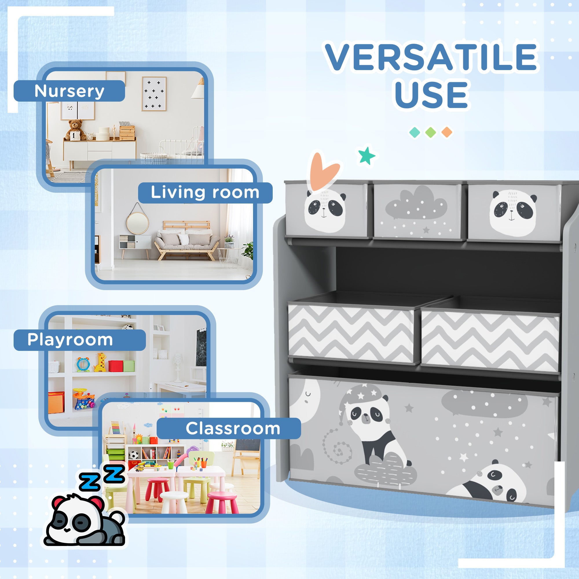 ZONEKIZ Kids Storage Unit, Toy Storage Organiser, with Six Fabric Bins, for Bedrooms, Playrooms, Nurseries - Grey - North Peak Garden Furniture
