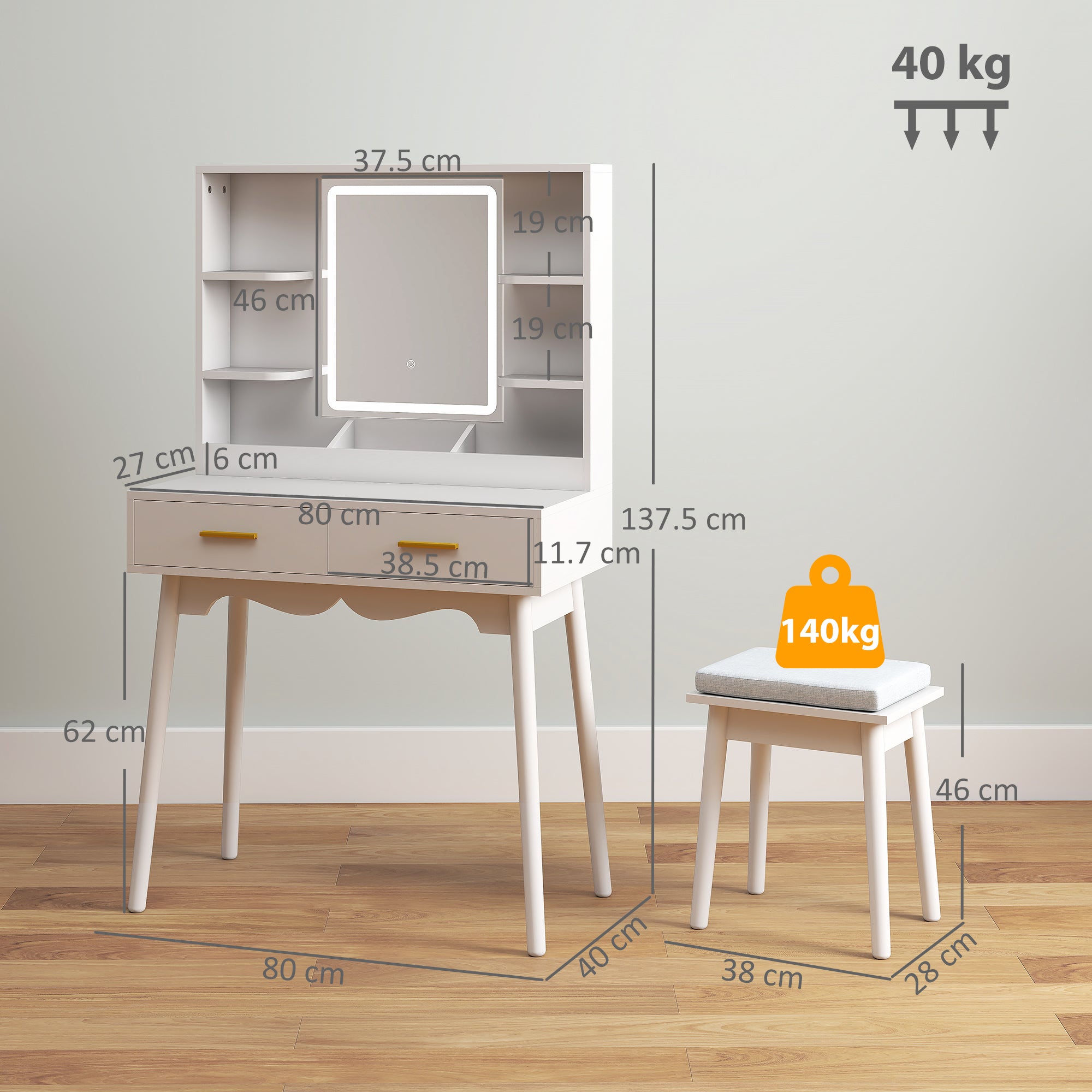 HOMCOM Elegant Dressing Table, with LED Mirror - White