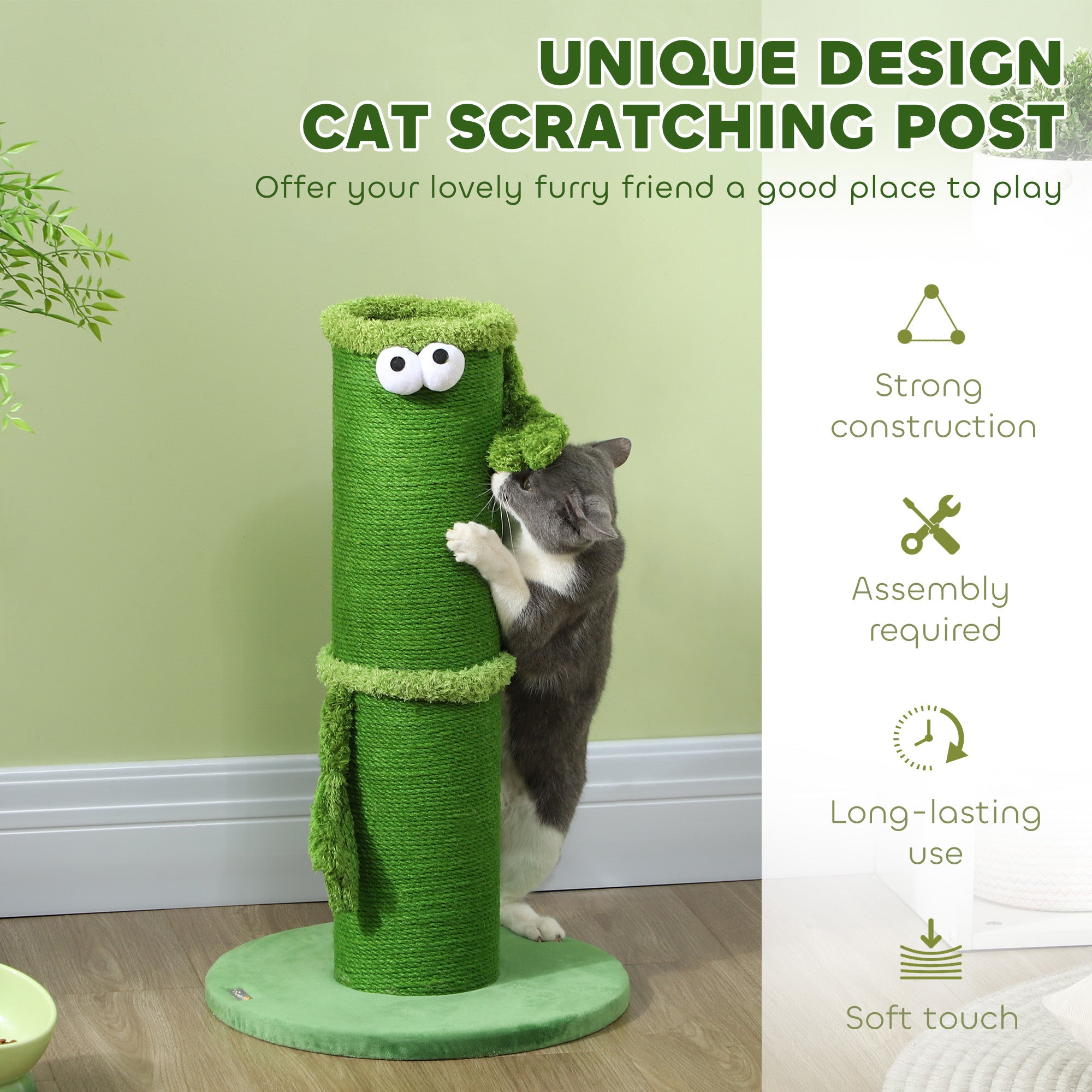 PawHut 63cm Cat Scratching Post for Indoor Cats, with Sisal Rope Cover, Large Base, Green - North Peak Garden Furniture