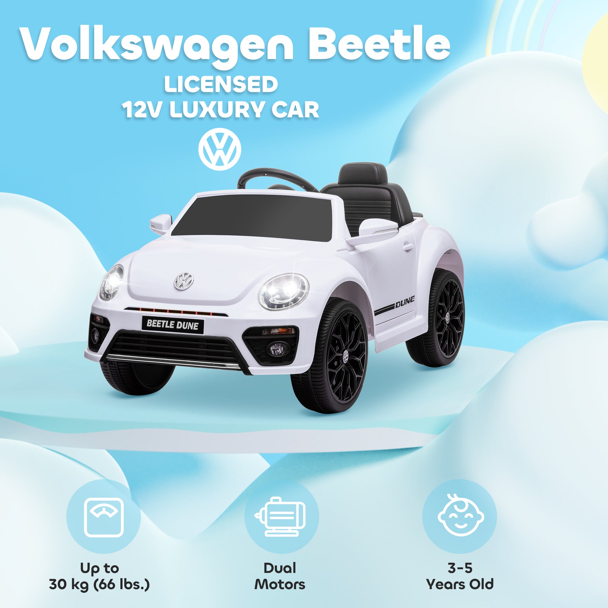 AIYAPLAY Volkswagen Beetle Licensed 12V Ride on Car w/ Remote Control, Suspension Wheels, Soft Start, Lights, Music, White - North Peak Garden Furniture