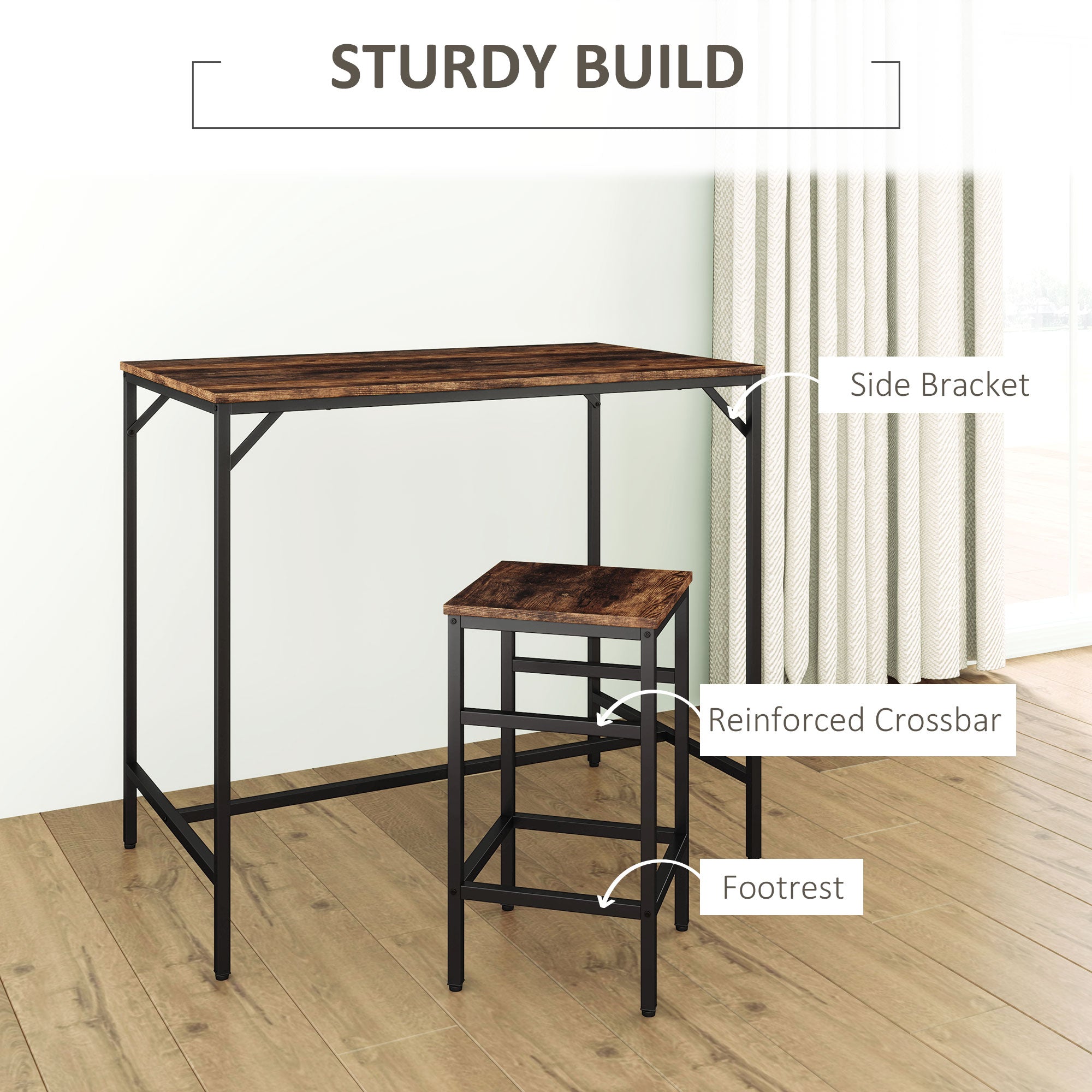 HOMCOM Industrial Rectangular Bar Table Set with 4 Stools for Dining Room, Kitchen, Dinette - North Peak Garden Furniture