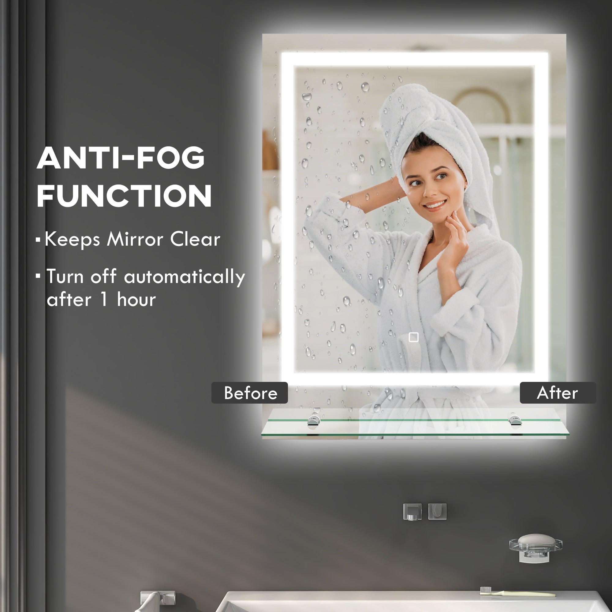 kleankin Large Vanity Mirror with Lights and Shelf, Illuminated bathroom Mirror with 3 Colour Brightness, Smart Touch, Anti-Fog