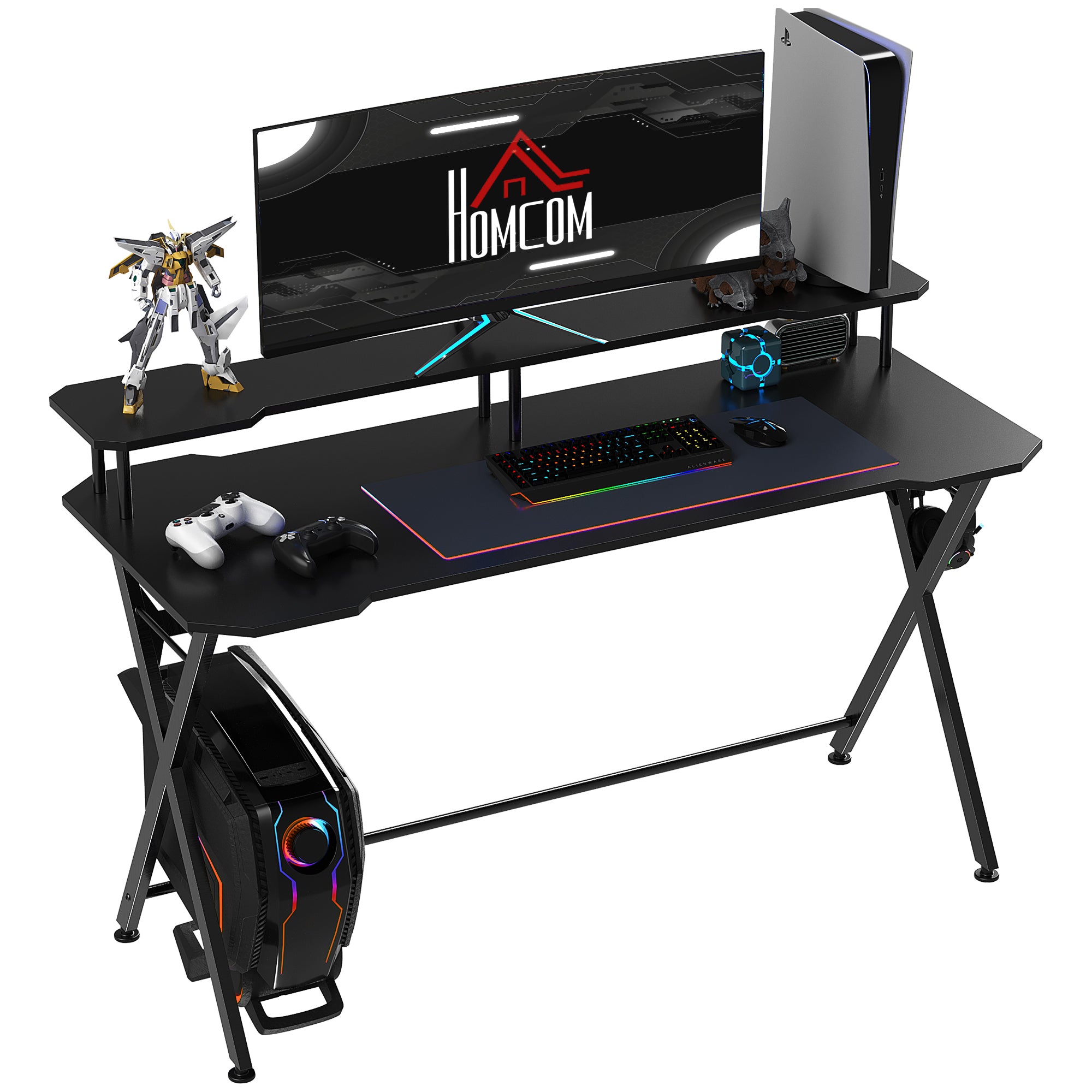 HOMCOM Gaming Desk Writing Racing Computer Table Workstation with Headphone Hook Curved Front Adjustable Feet for Home Office Use 140 x 60cm