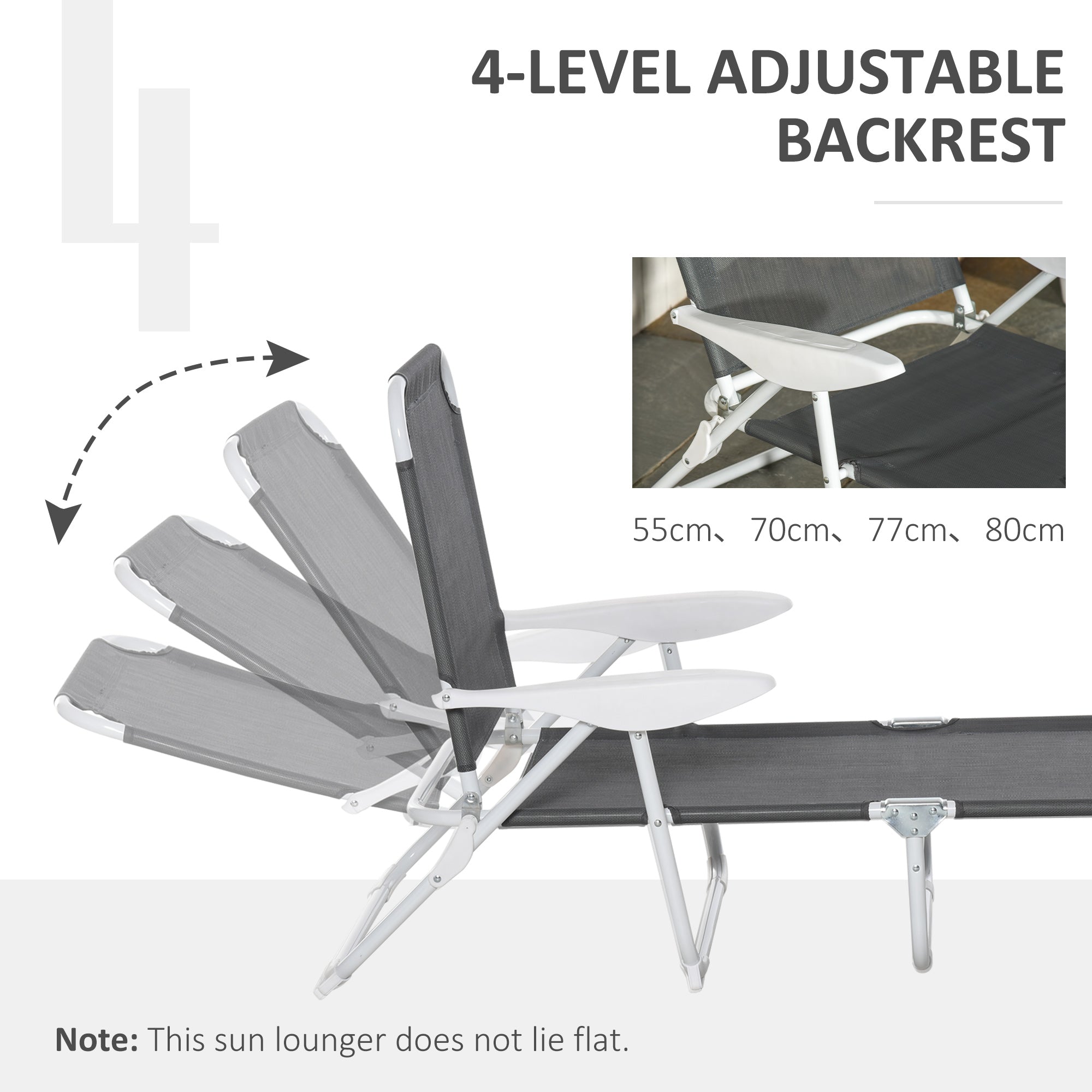Outsunny Foldable Sun Lounger, Outdoor 4 Level Adjustable Backrest Reclining Lounge Chair with Armrests for Patio, Garden, Dark Grey - North Peak Garden Furniture
