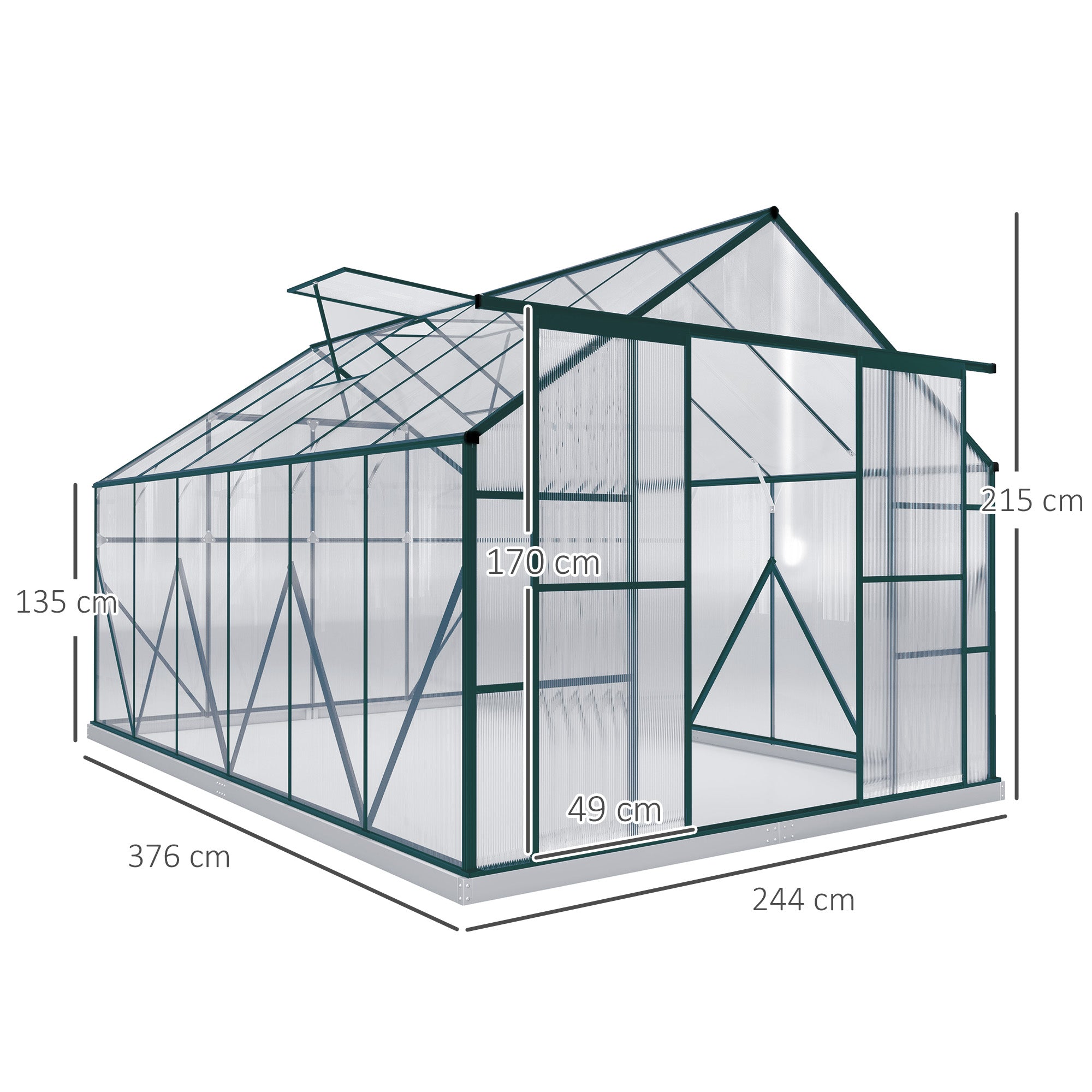 Outsunny 8 x 12ft Aluminium Greenhouse Polycarbonate Walk-in Garden Greenhouse Kit with Adjustable Roof Vent, Double Sliding Door, Rain Gutter and Foundation, Clear - North Peak Garden Furniture