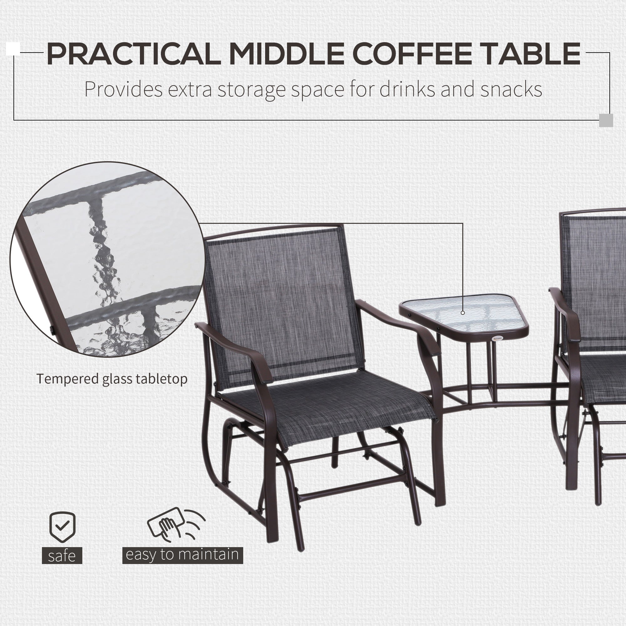 Outsunny Gliding Jack and Jill Seat, with Glass-Top Table - Brown/Grey - North Peak Garden Furniture