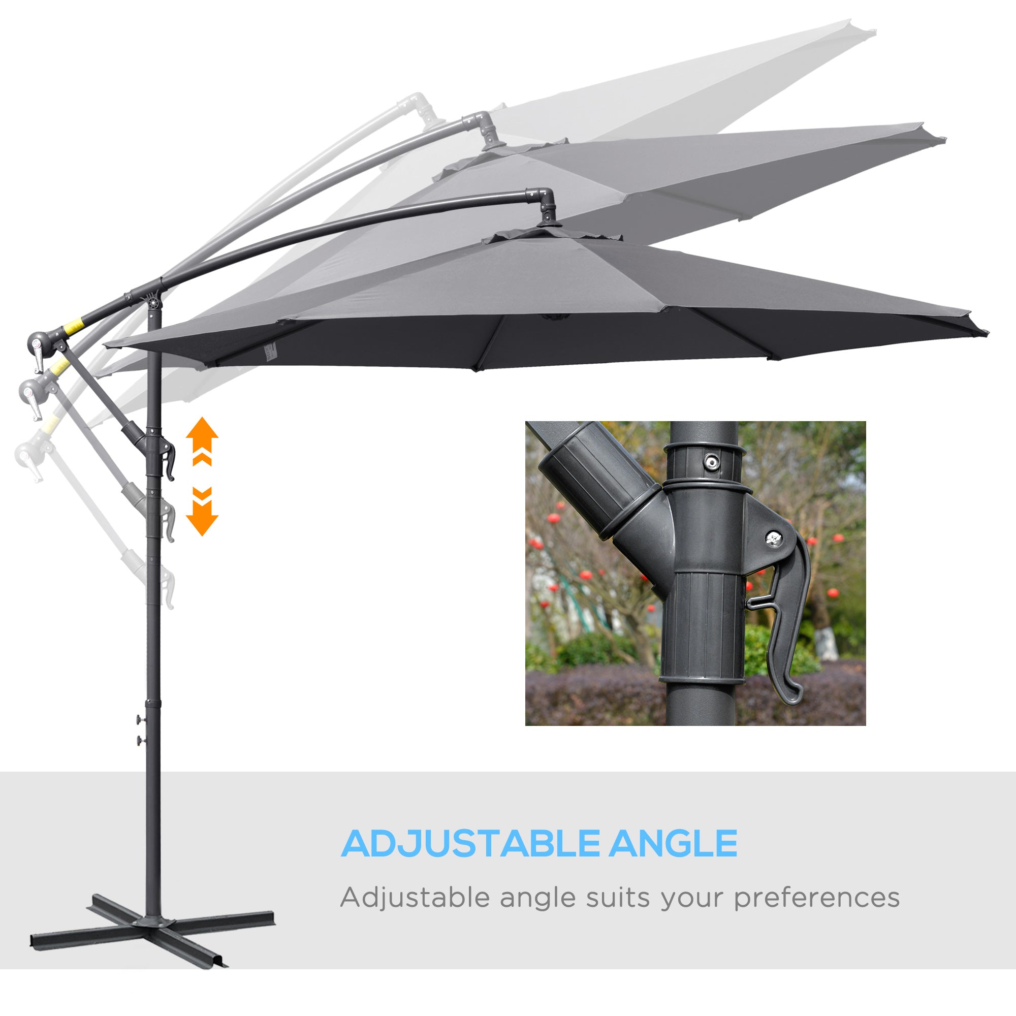 Outsunny 3(m) Garden Parasol Sun Shade Patio Banana Hanging Umbrella Cantilever with Crank Handle and Cross Base Grey - North Peak Garden Furniture
