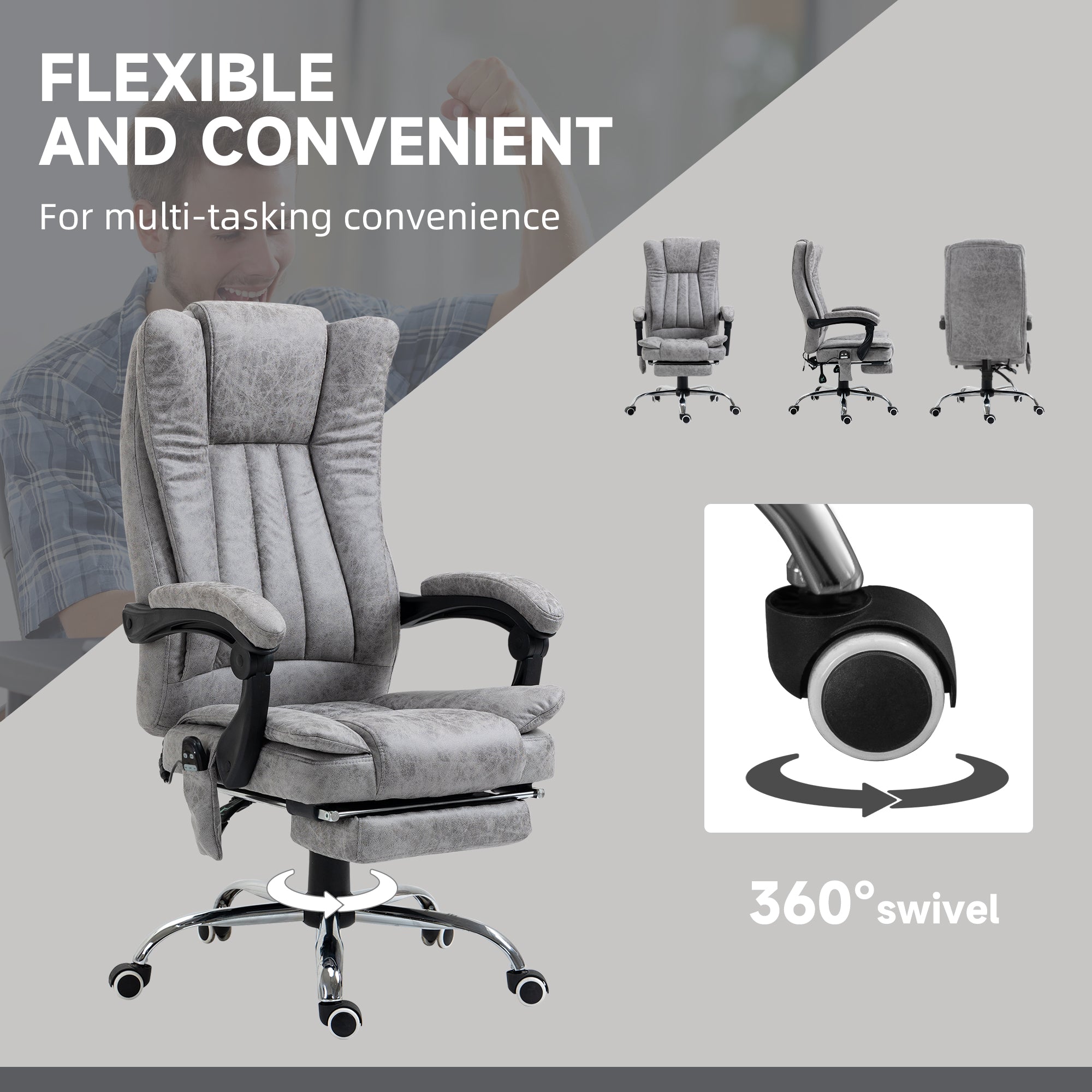 Vinsetto Office Chair with Massage and Heat, Microfibre Reclining Computer Desk Chair with Footrest and Adjustable Height, Swivel Wheels for Home Office, Grey - North Peak Garden Furniture