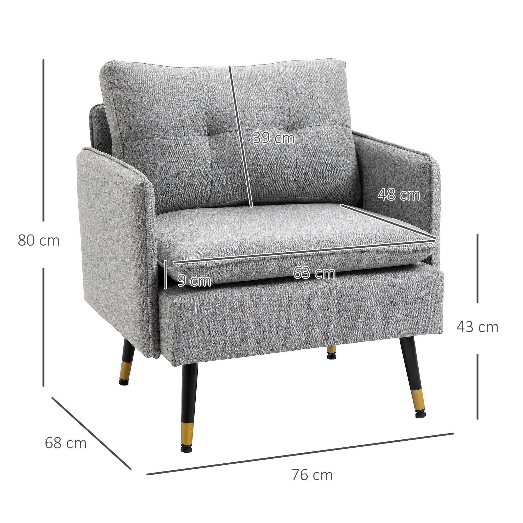 HOMCOM Modern Accent Chair, Upholstered Button Tufted Occasional Chair for Living Room and Bedroom, Grey - North Peak Garden Furniture