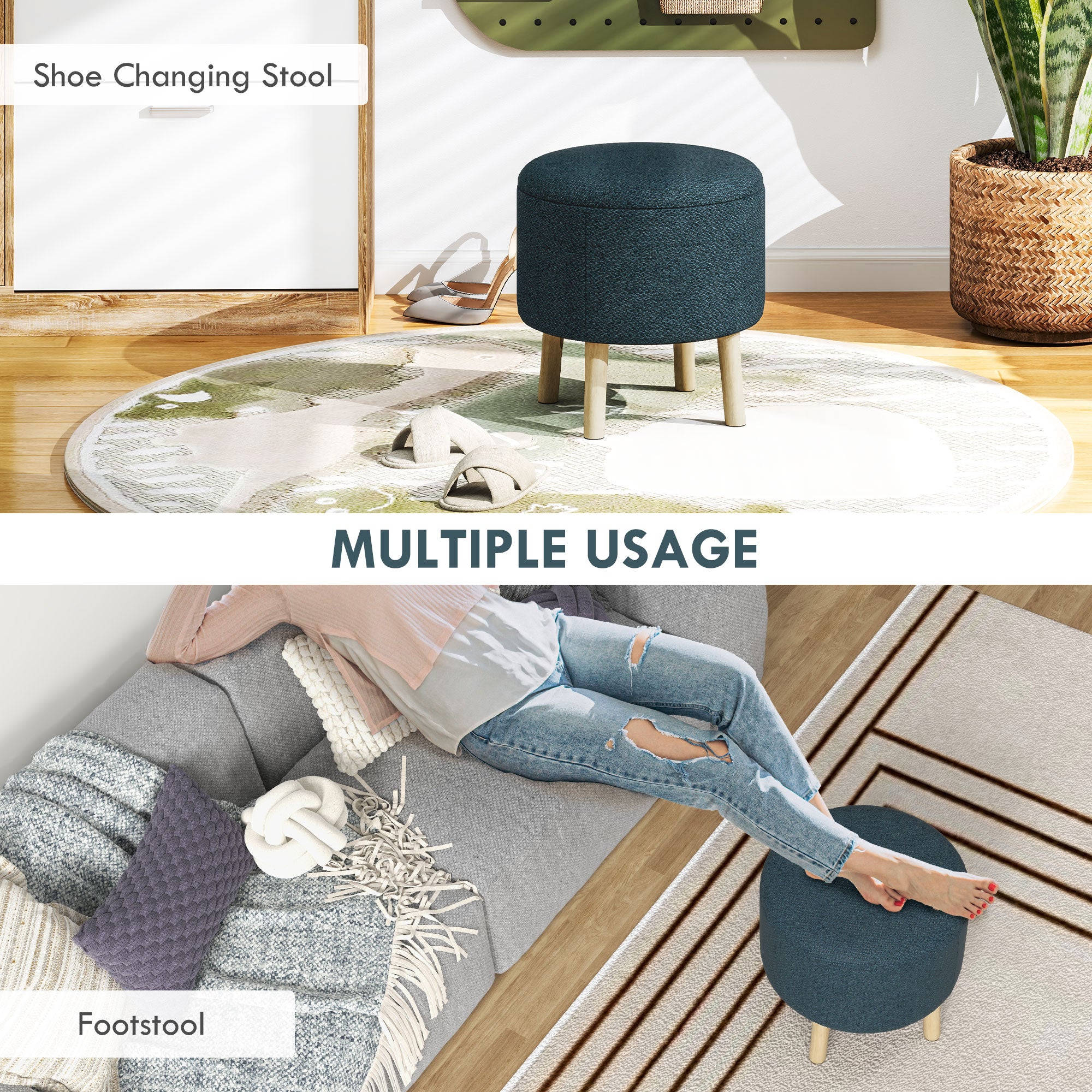 HOMCOM Round Linen-Look Storage Ottoman - Blue - North Peak Garden Furniture
