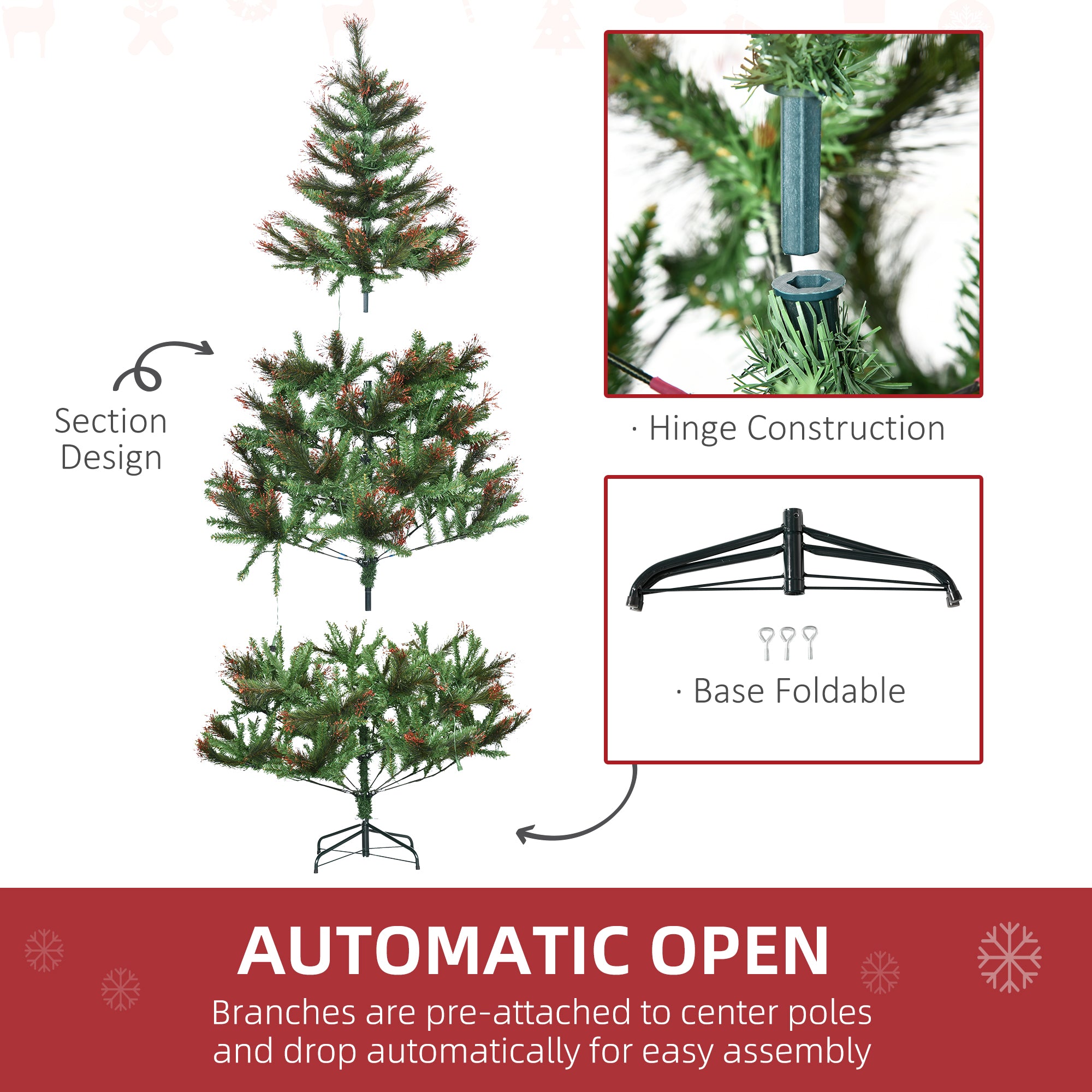 HOMCOM 1.8m 6ft Pre-Lit Christmas Tree Artificial Spruce Xmas Tree Warm White LED Holiday Décor with Metal Stand - North Peak Garden Furniture