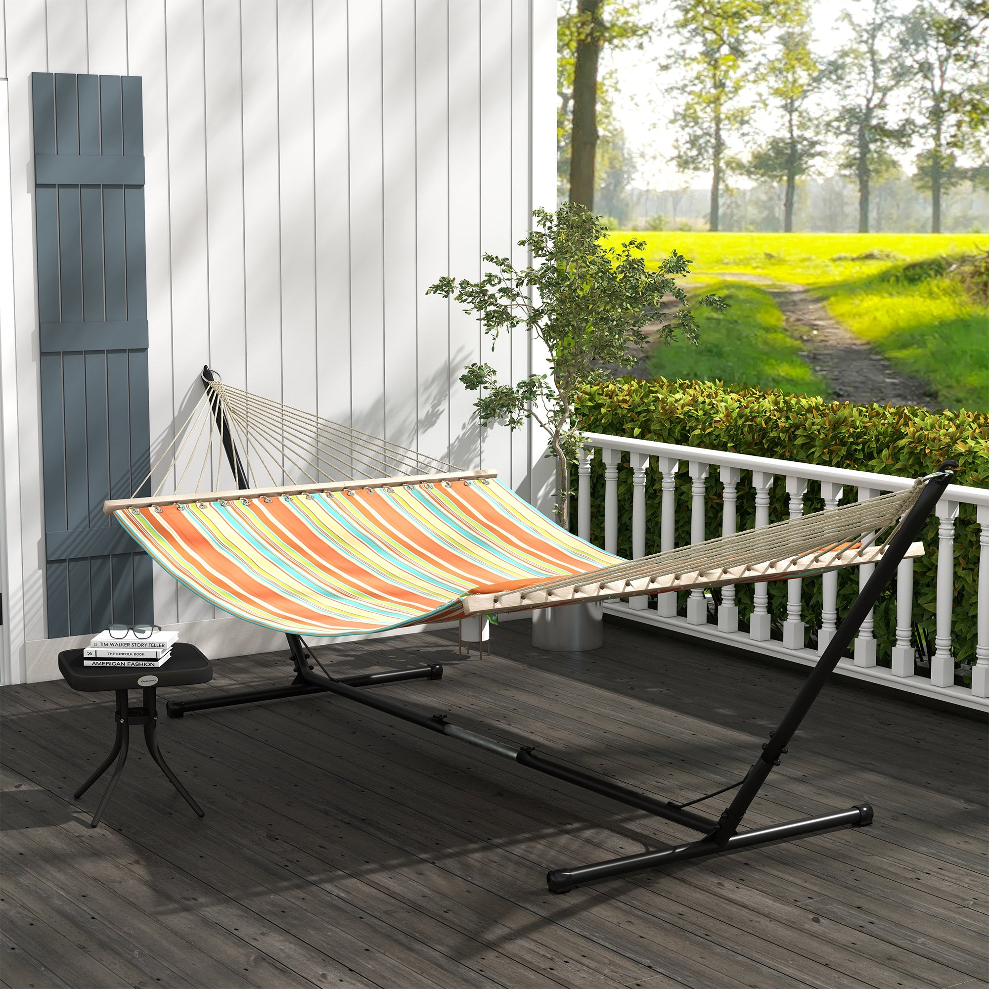 Outsunny Outdoor Garden Hammock with Stand, Double Cotton Hammock with Steel Frame, Swing Hanging Bed with Pillow, for Patio, Beach | Aosom UK