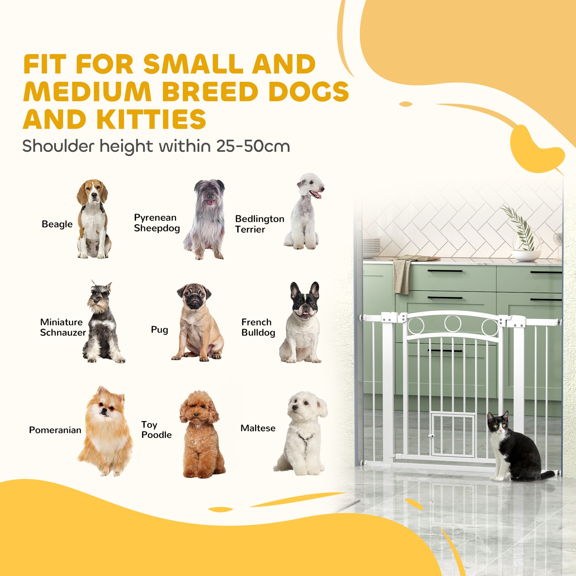 PawHut 77cm Tall Dog Gate with Cat Door, 7cm and 14cm Extensions, for Stairs, Doorways, 76-104cm Width - North Peak Garden Furniture