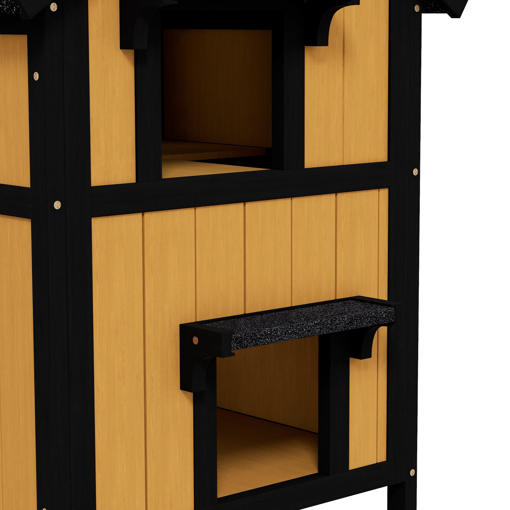 PawHut Wooden Cat House with Flower Pot, Windows, Multiple Entrances, Water-Resistant Roof for Outdoor - Yellow - North Peak Garden Furniture