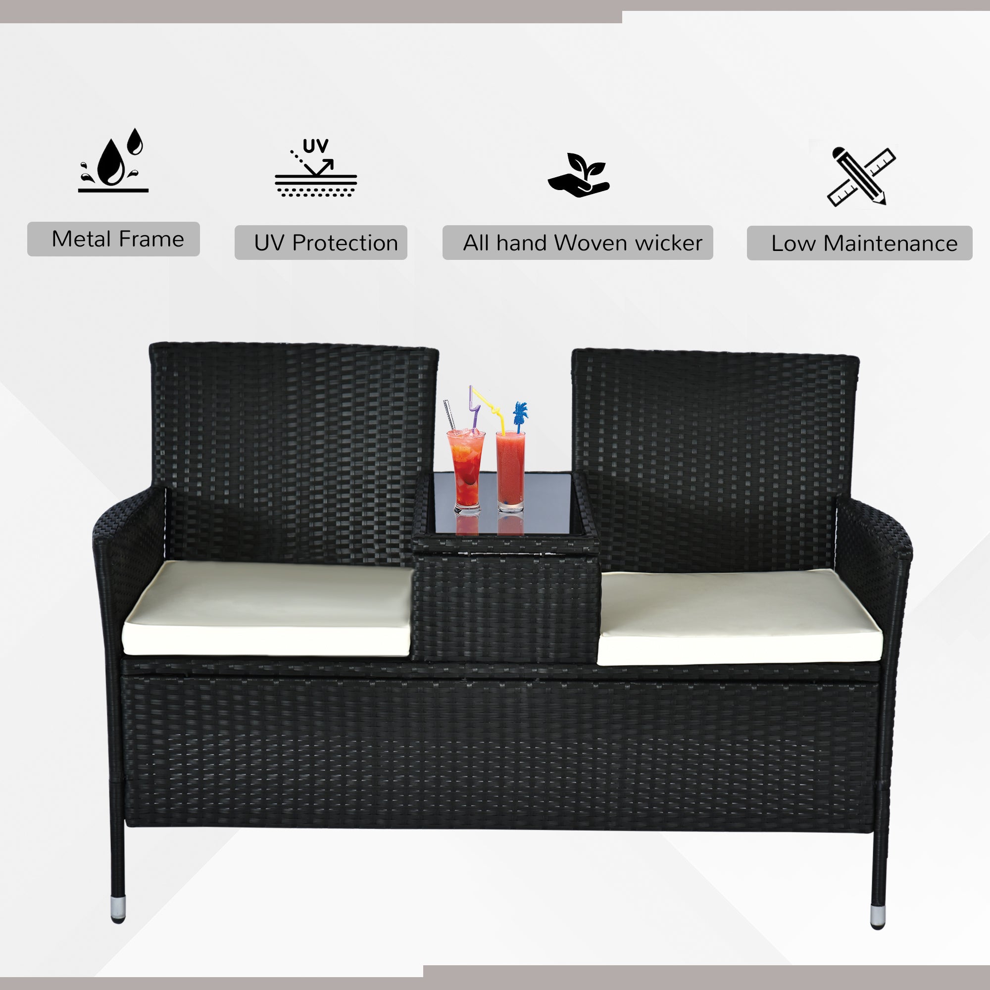 Outsunny 2 Seater Rattan Campanion Chair Wicker Loveseat Outdoor Patio Armchair with Drink Table Garden Furniture - Black - North Peak Garden Furniture