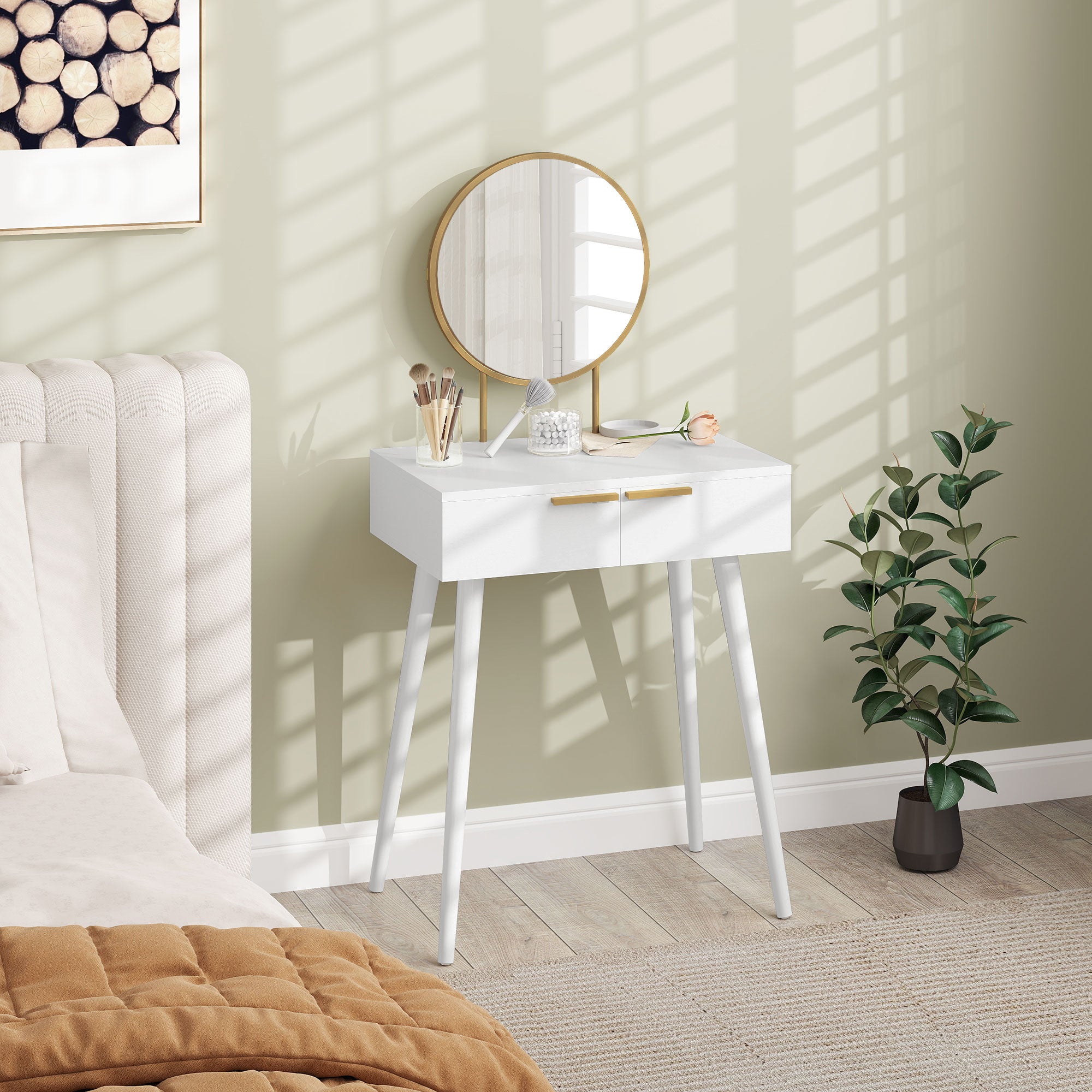HOMCOM Elegant Dressing Table, with Round Mirror, 60 x 40 x 123 cm - White - North Peak Garden Furniture