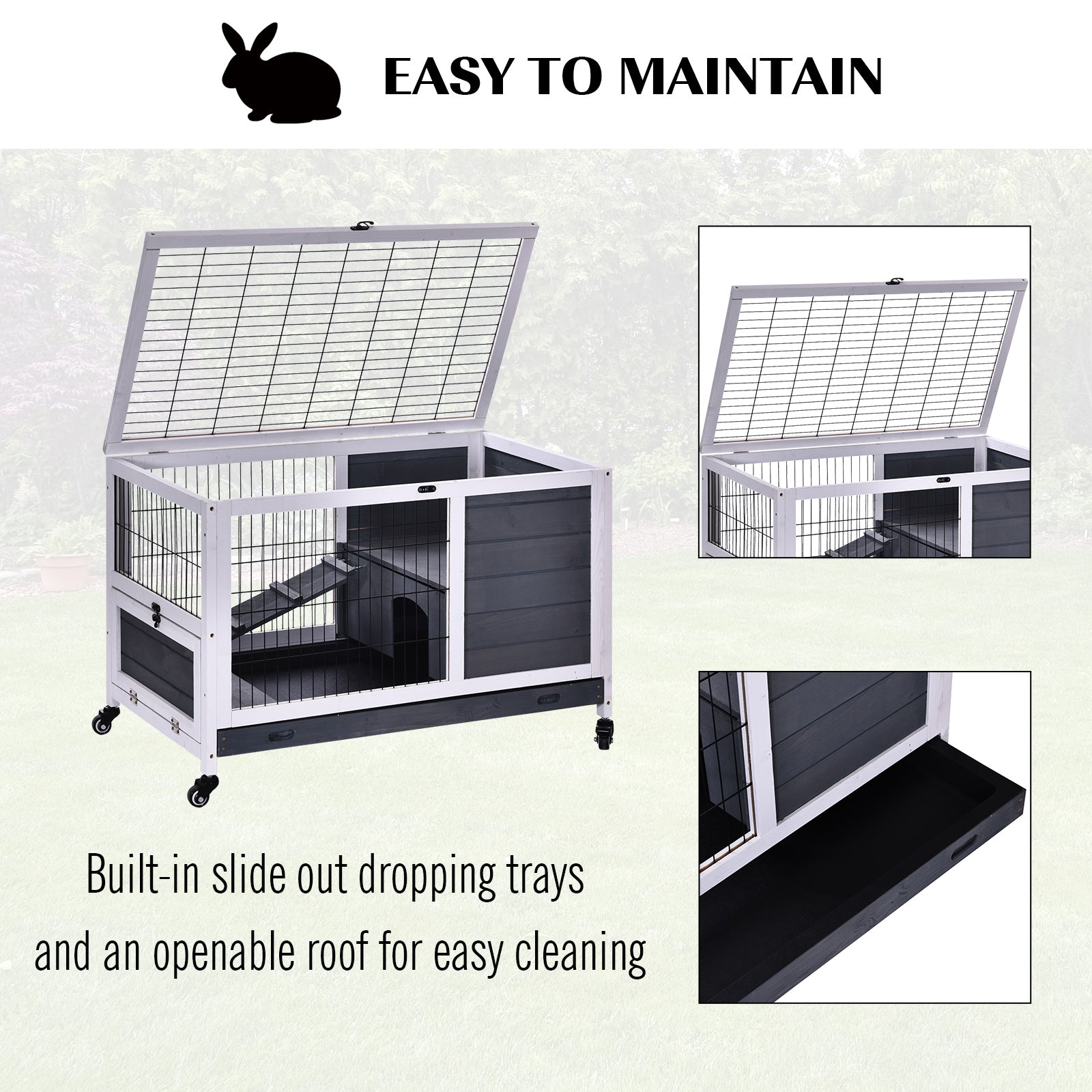 PawHut Rabbits Indoor Fir Wood Lift-Top Hutch Guinea Pigs Hutches-Grey and White