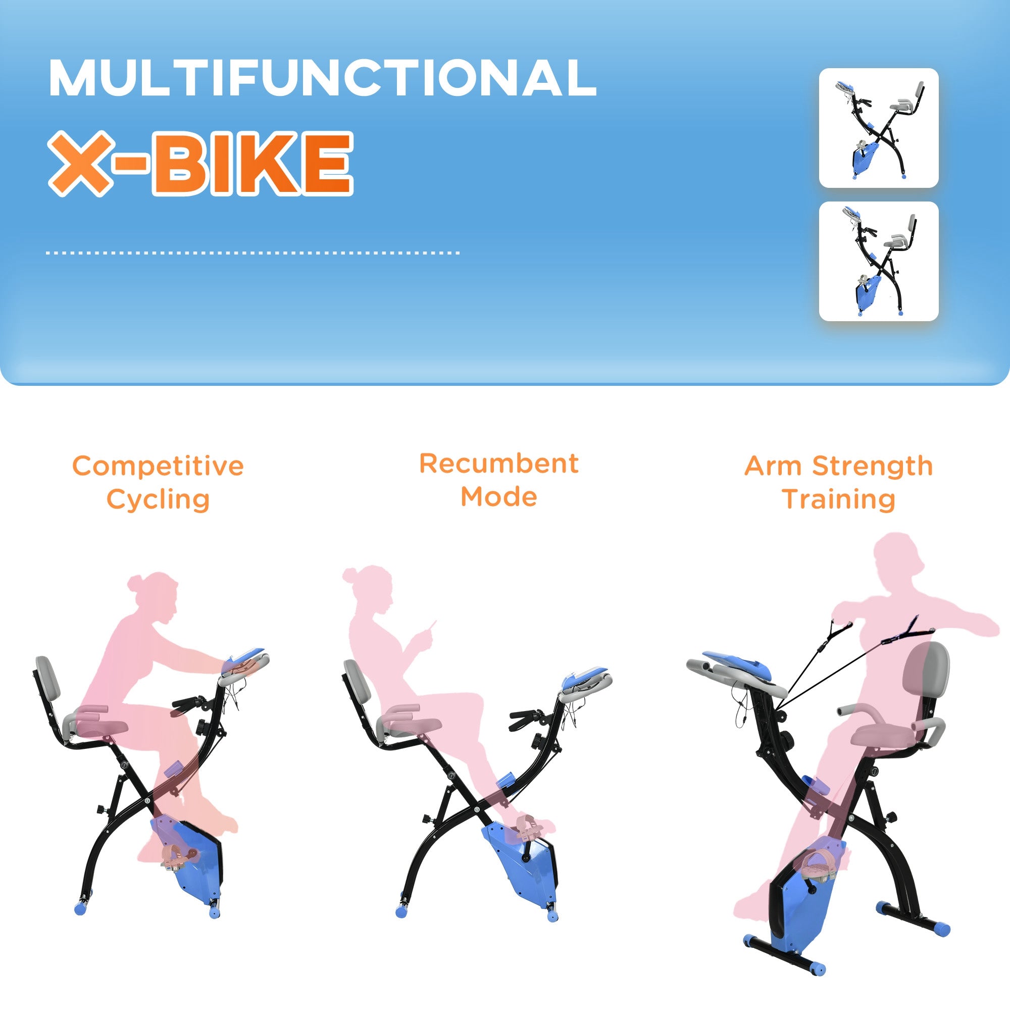 HOMCOM 2-in-1 Folding Exercise Bike with 8-Level Magnetic Resistance, Arm Resistance Band, Pulse Sensor, Blue - North Peak Garden Furniture