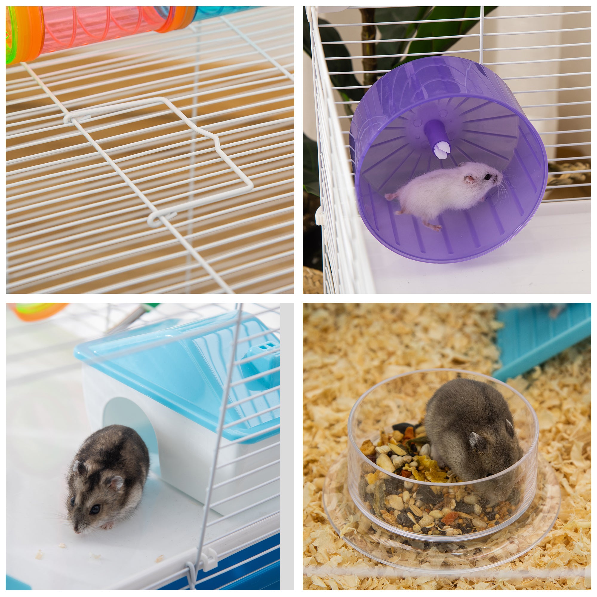 PawHut Hamster Cage with Tubes Tunnel 3 Level Rodent House with Exercise Wheel, Water Bottle, Food Dish, Ramp, Hut 59 x 36 x 47 cm- Blue - North Peak Garden Furniture