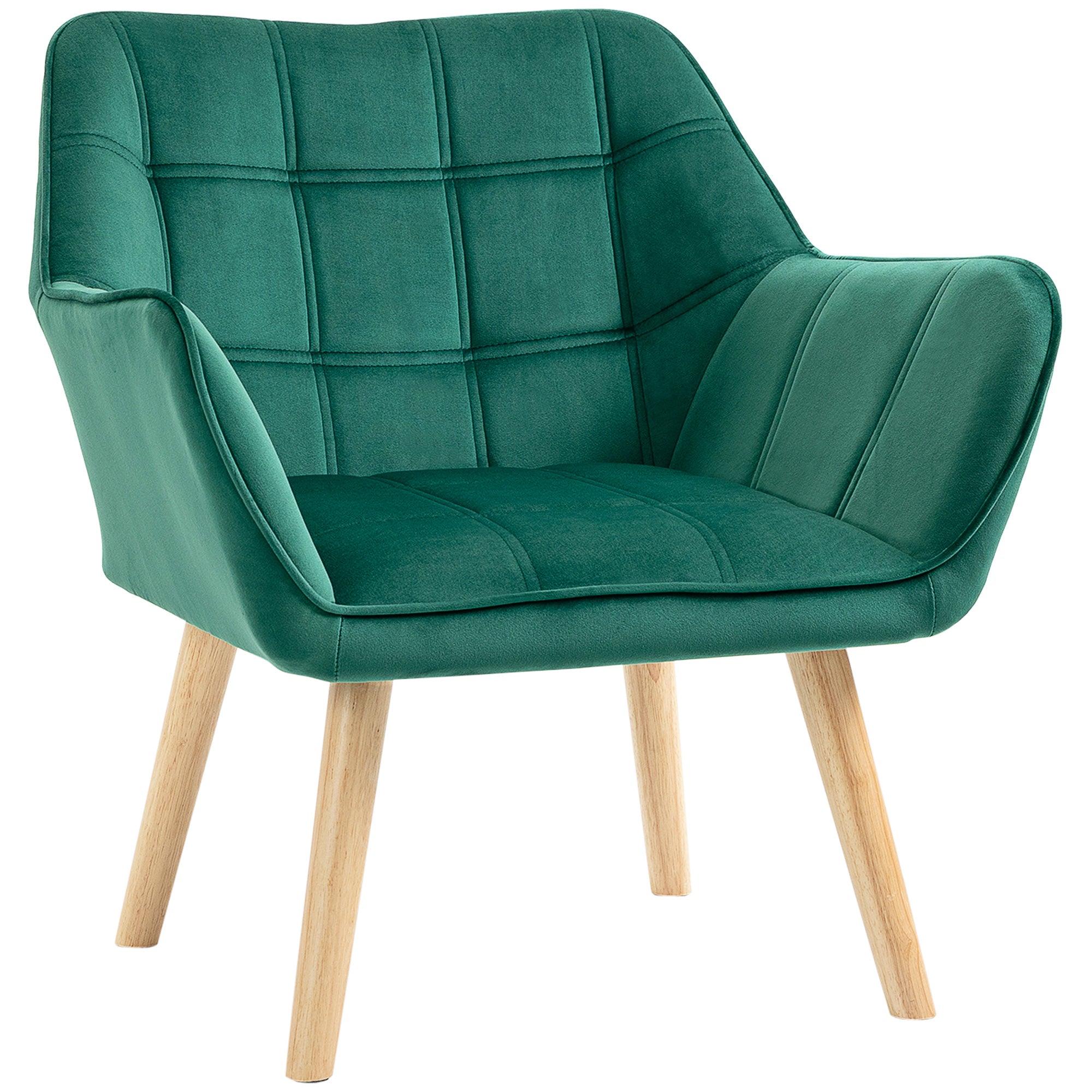 HOMCOM Accent Chair, Arm Chair with Wide Arms, Slanted Back, Thick Padding and Rubber Wooden Legs for Living Room, Green - North Peak Garden Furniture