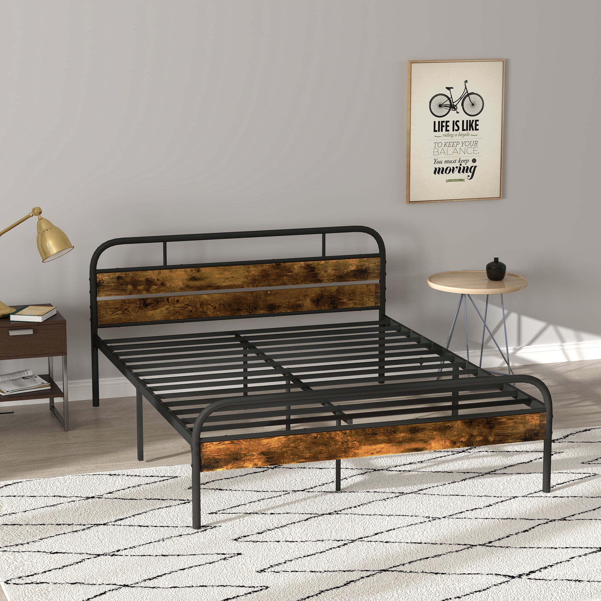 HOMCOM Industrial-Style King Bed Frame - Black/Brown - North Peak Garden Furniture