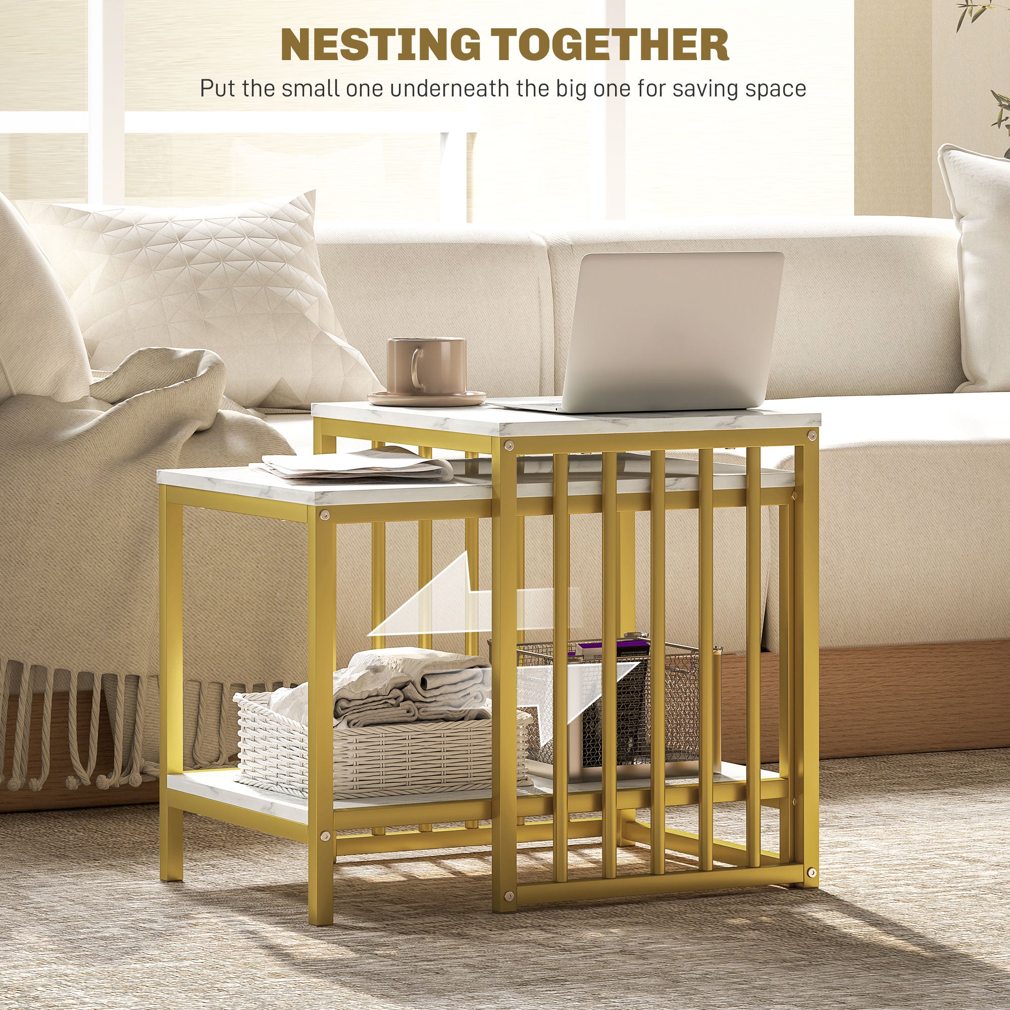 HOMCOM Modern Coffee Table Set of Two, Marble-Effect Nesting Side Tables with Steel Frame for Living Room, Gold Tone - North Peak Garden Furniture