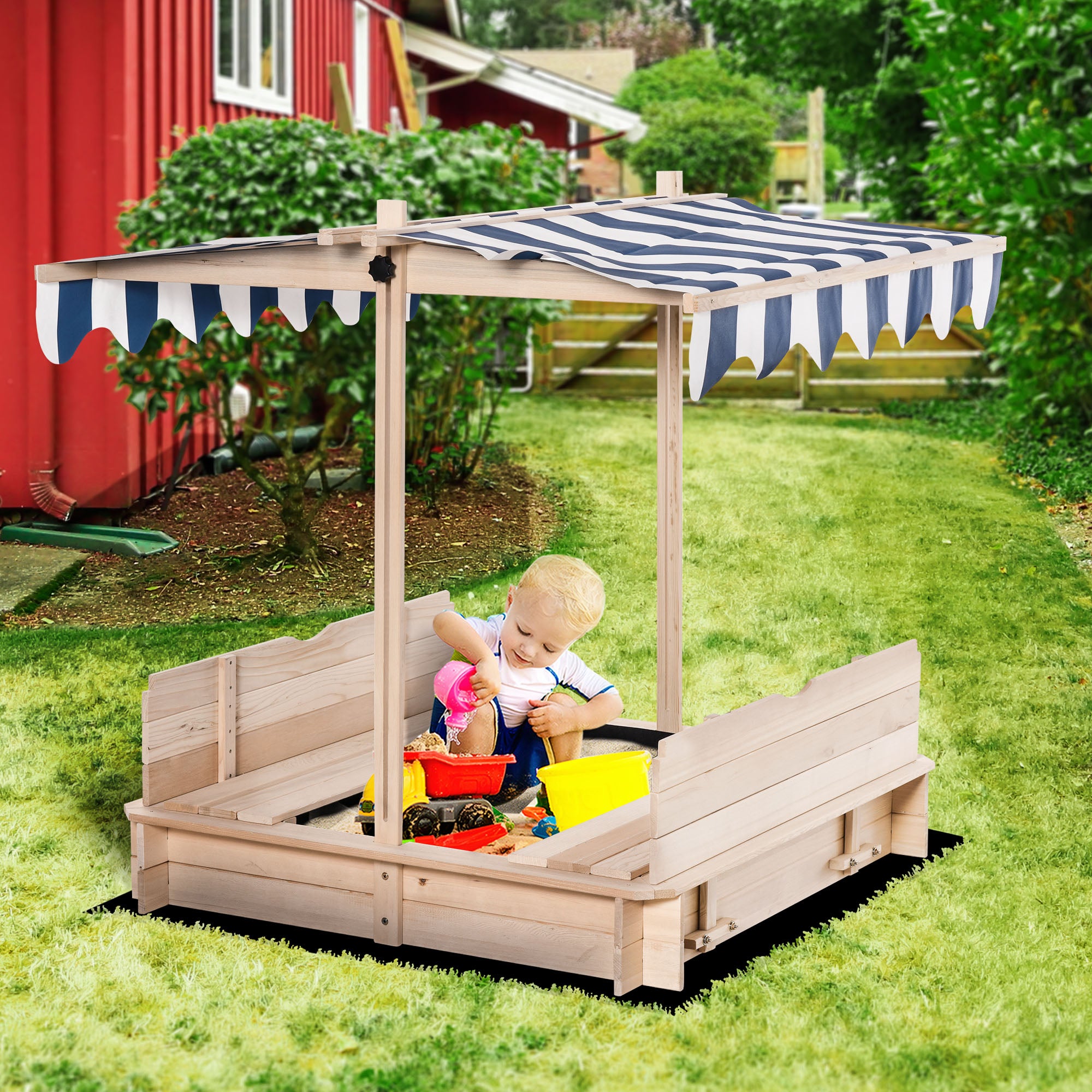 Outsunny Kids Wooden Sand Pit with Lids Children Sandbox Height Adjustable Canopy for Garden, Convertible Bench Seat Outdoor Backyard Playset, Blue and White Canopy