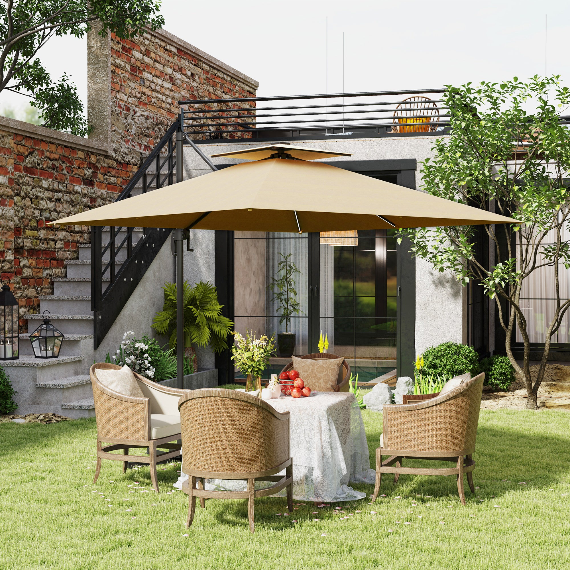 Outsunny 2.5m Cantilever Parasol with Solar Powered LED Lights, 360° Rotation, Tilt Adjustment, Crank Handle, Khaki - North Peak Garden Furniture