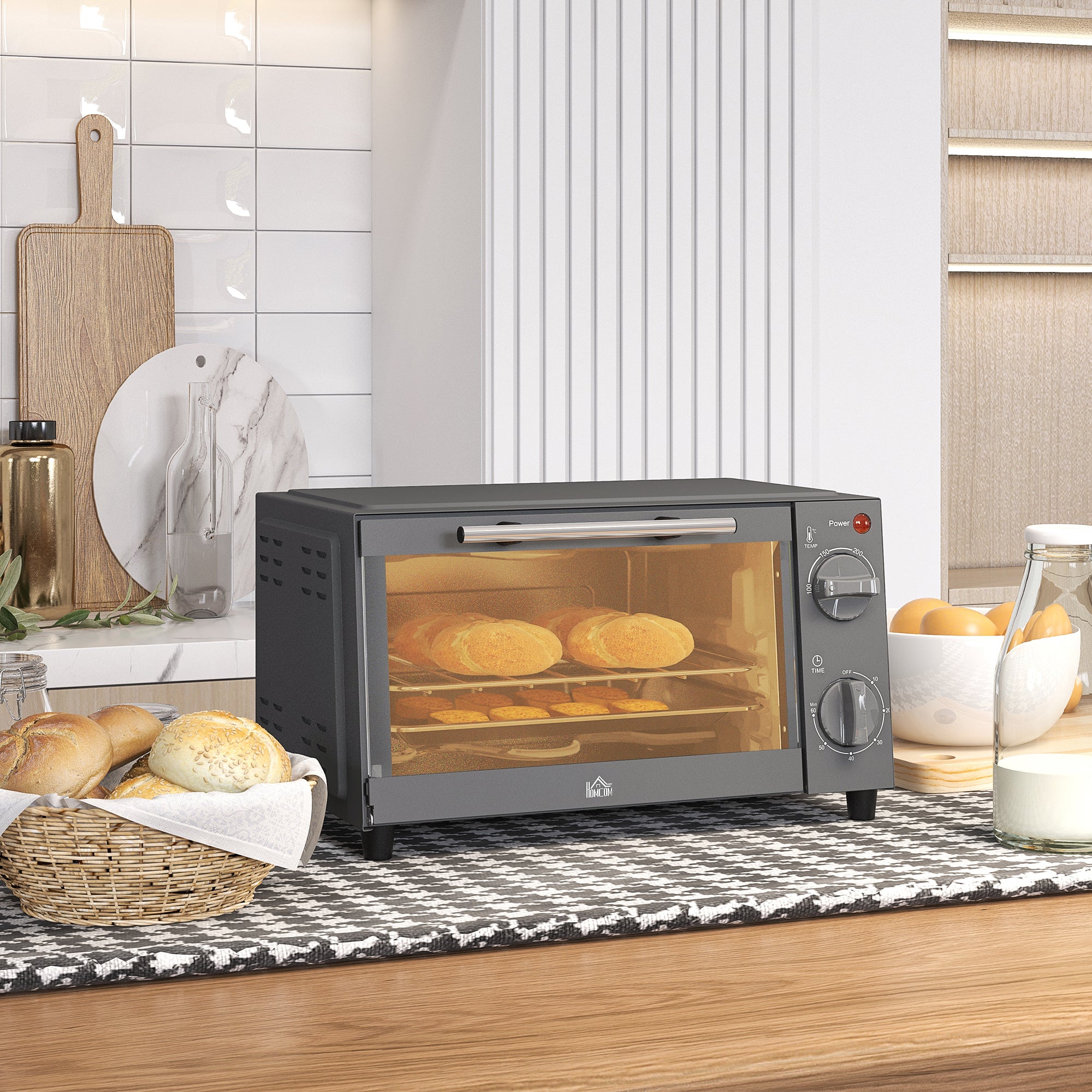 HOMCOM Mini Oven, 9L Countertop Electric Grill, Toaster Oven with Adjustable Temperature, Timer, Dishwasher Safe Baking Tray and Wire Rack, 750W, Grey