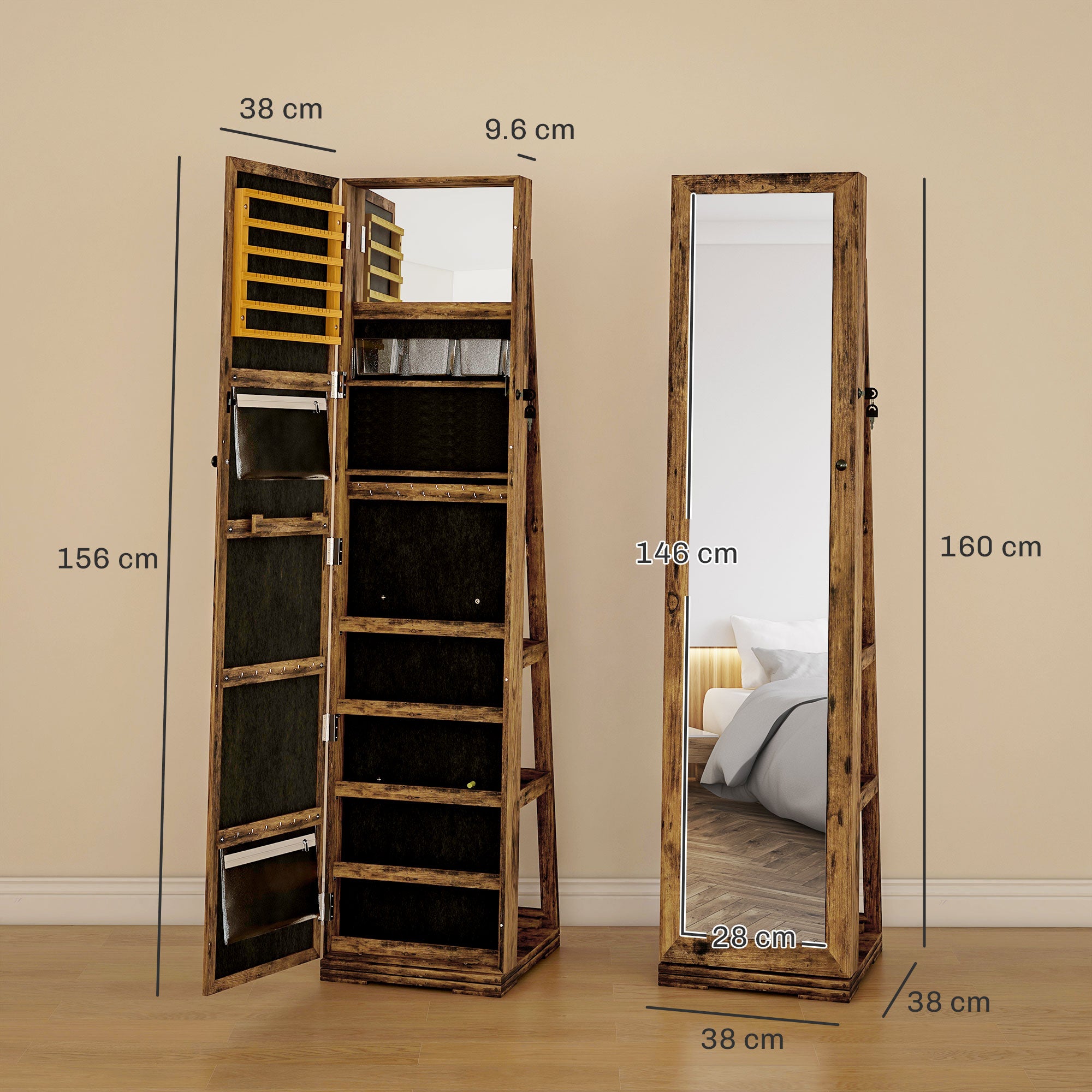 HOMCOM 360° Swivel Jewellery Cabinet, Mirror Armoire, Full Length Mirror, Lockable Jewellery Organiser with Built-In Small Mirror, Rustic Brown - North Peak Garden Furniture
