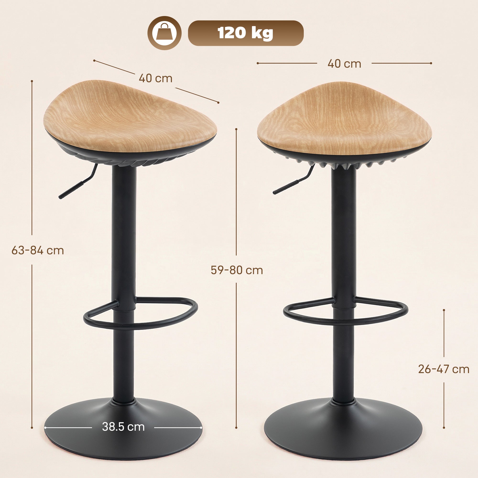 HOMCOM Set of 2 Barstools PU Leather Kitchen Stools with Saddle Seat Height Adjustable Swivel Kitchen Chairs with Footrest Oak