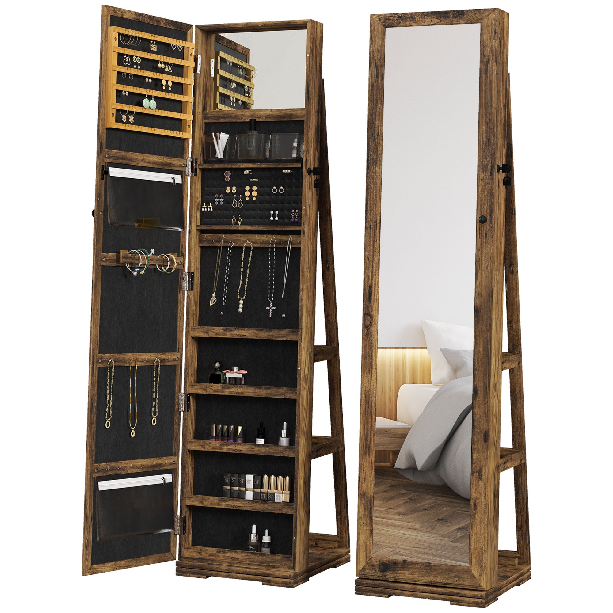 HOMCOM 360° Swivel Jewellery Cabinet, Mirror Armoire, Full Length Mirror, Lockable Jewellery Organiser with Built-In Small Mirror, Rustic Brown - North Peak Garden Furniture