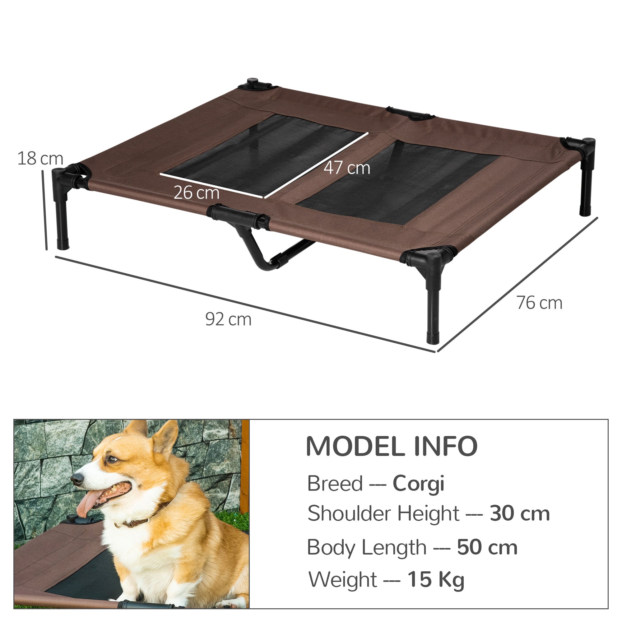 PawHut Large Raised Dog Bed Cat Elevated Lifted Cooling Portable Camping Basket Outdoor Indoor Mesh Pet Cot Metal Frame Brown - North Peak Garden Furniture