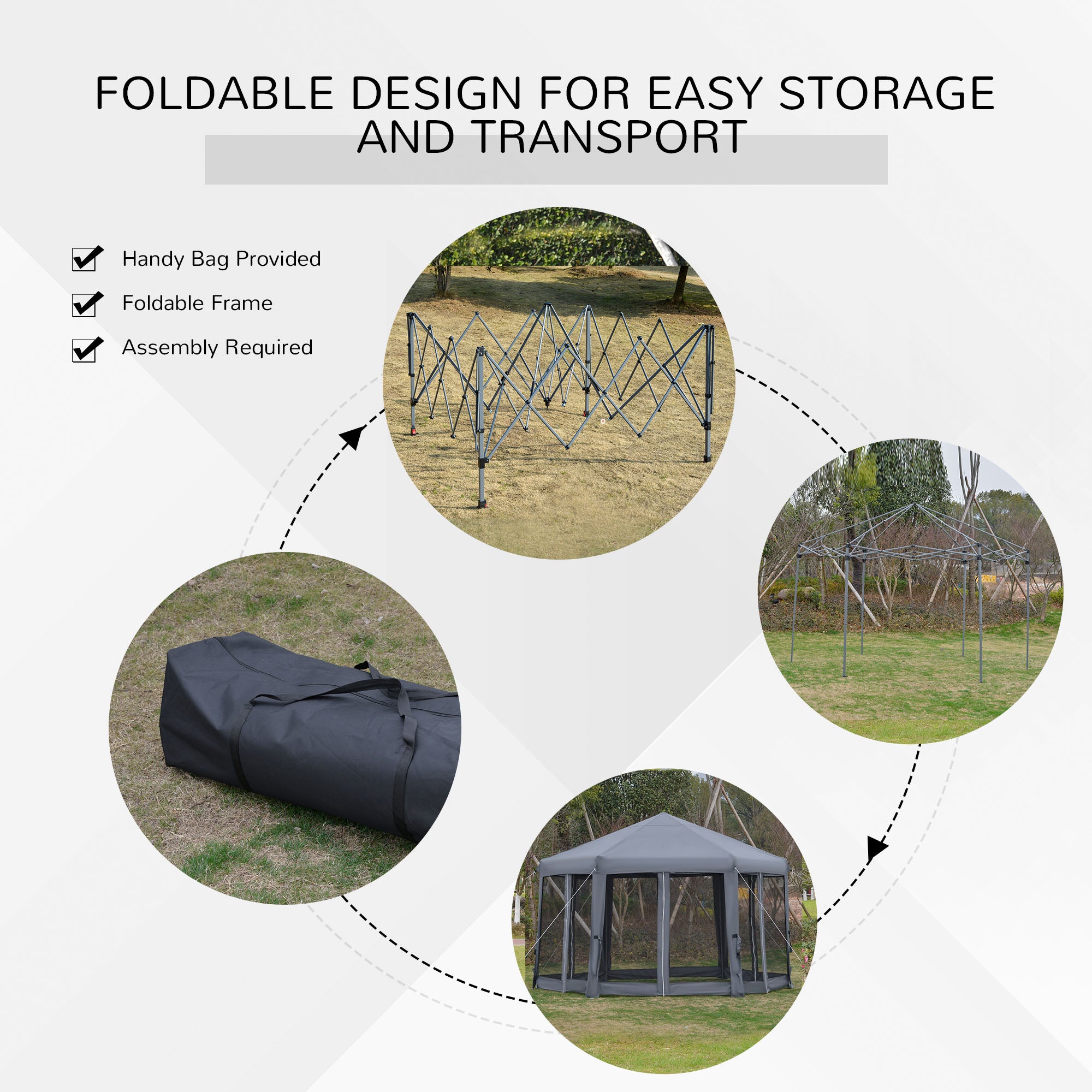 Outsunny 3.2m Pop Up Gazebo Hexagonal Canopy Tent Outdoor Sun Protection with Mesh Sidewalls, Handy Bag, Grey - North Peak Garden Furniture