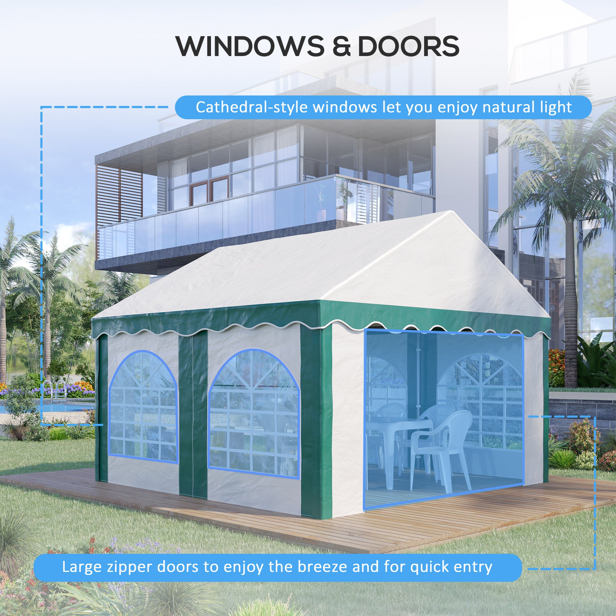 Outsunny 4 x 4m Garden Gazebo with Sides, Galvanised Marquee Party Tent with Four Windows and Double Doors, for Parties, Wedding and Events - North Peak Garden Furniture