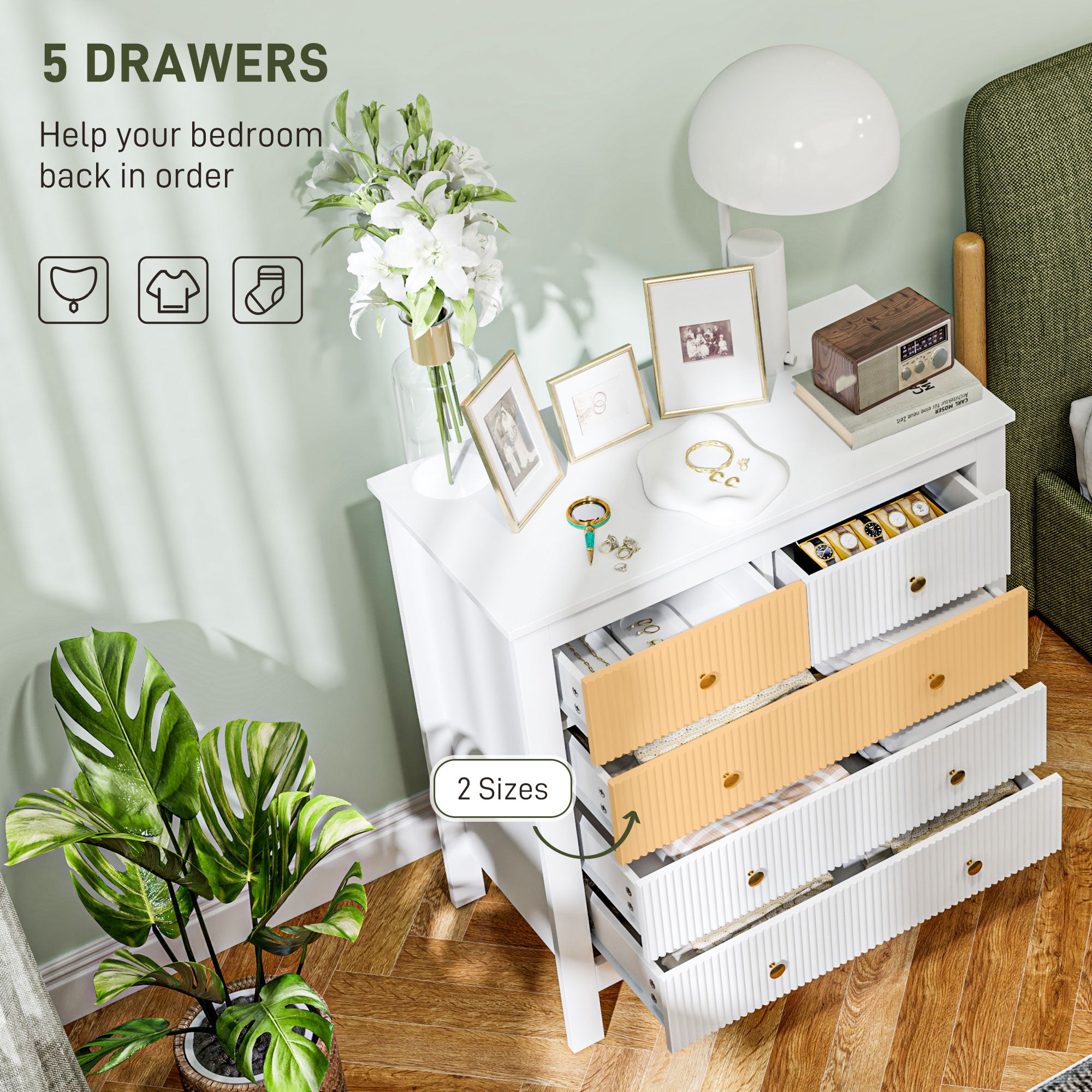 HOMCOM Elegant Chest of Five Drawers - White - North Peak Garden Furniture