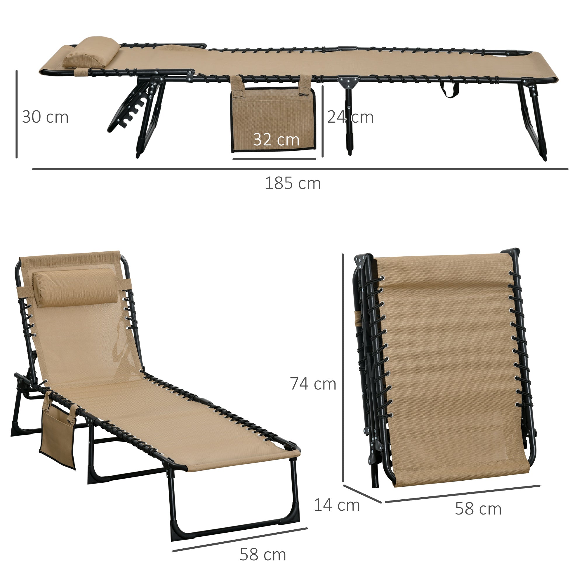 Outsunny Portable Sun Lounger Set of 2, Folding Camping Bed Cot, Reclining Lounge Chair 5-position Adjustable Backrest with Side Pocket, Pillow for Patio Garden Beach Pool, Beige - North Peak Garden Furniture