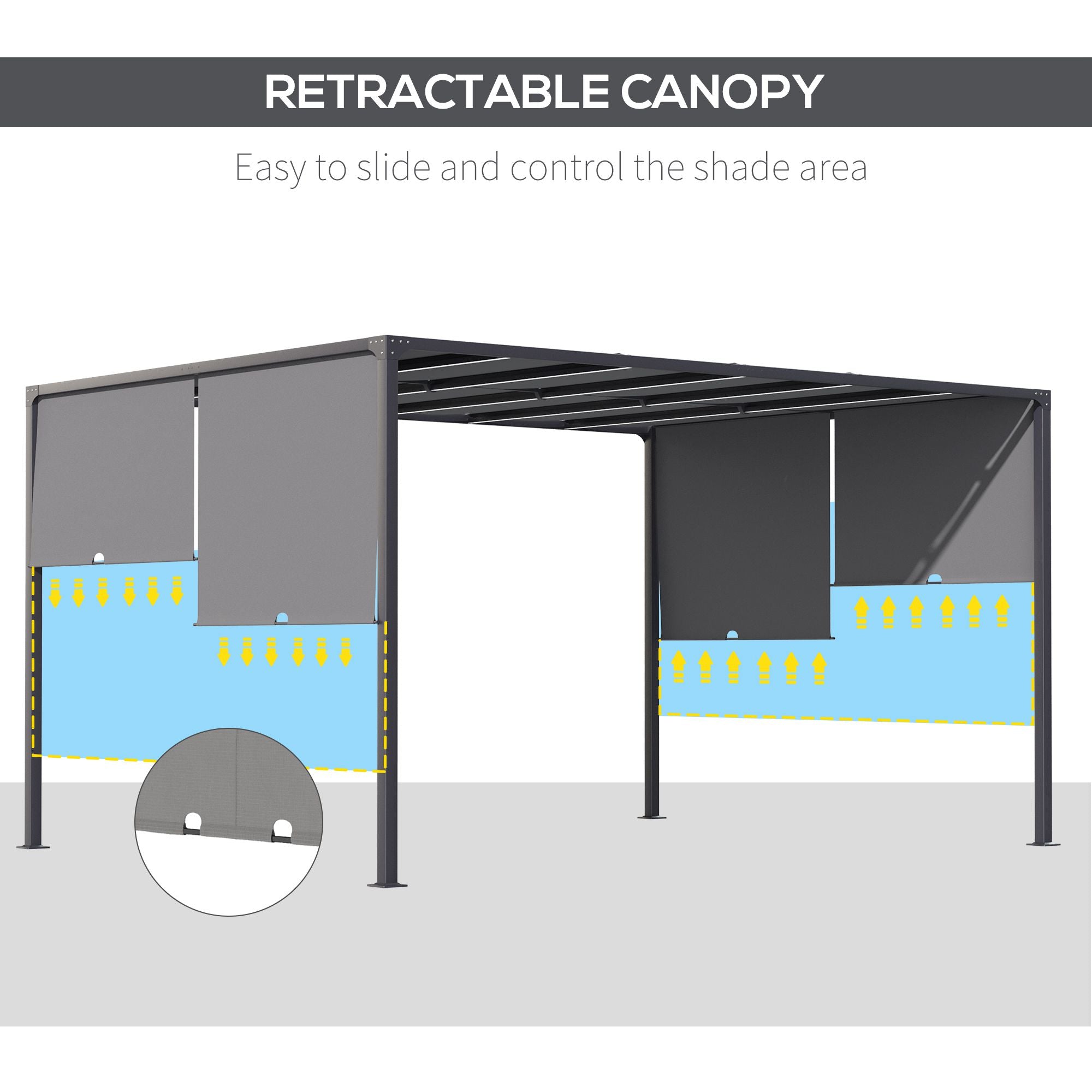 Outsunny 3(m) x 4m Metal Pergola with LED Lights, Outdoor Garden Pergola with Sliding Roof, Solar Powered, for BBQ, Lawn, Dark Grey