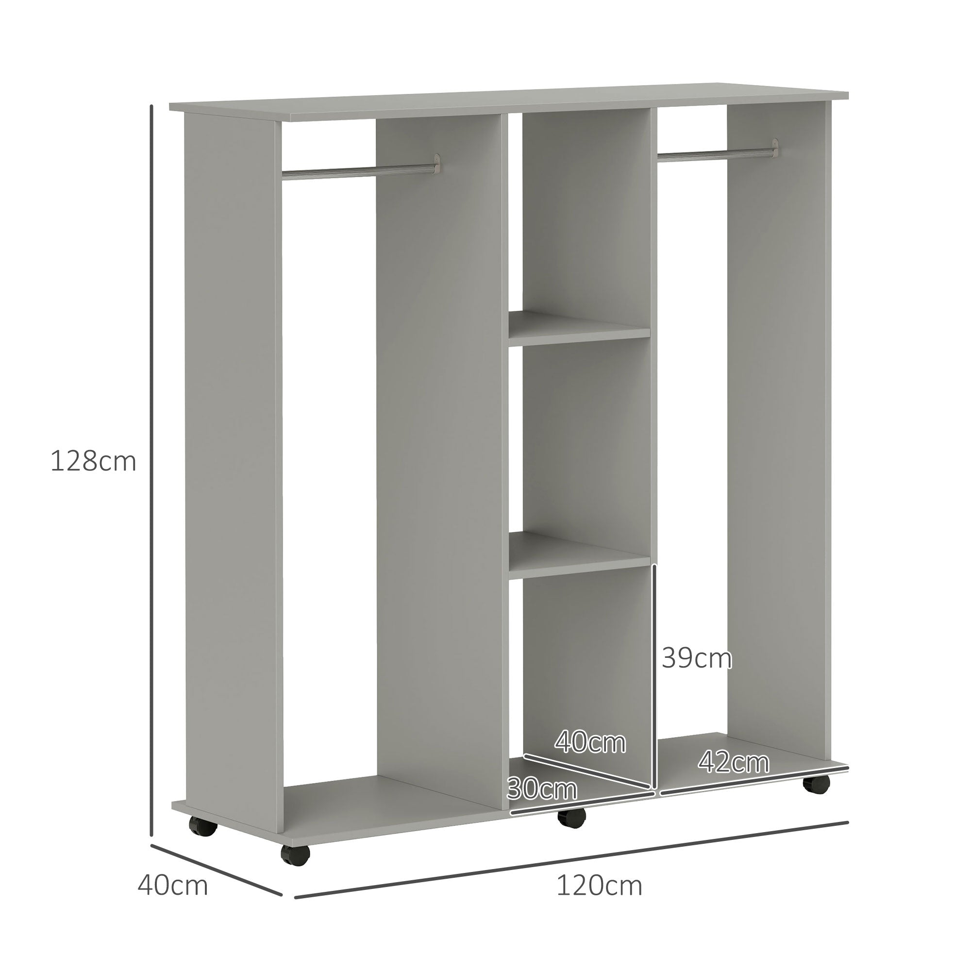 HOMCOM Double Open Wardrobe on Wheels, Bedroom Wardrobe with Clothes Hanging Rails, 3 Storage Shelves, Mobile Garment Rack for Cloakroom, Hallway, Grey - North Peak Garden Furniture