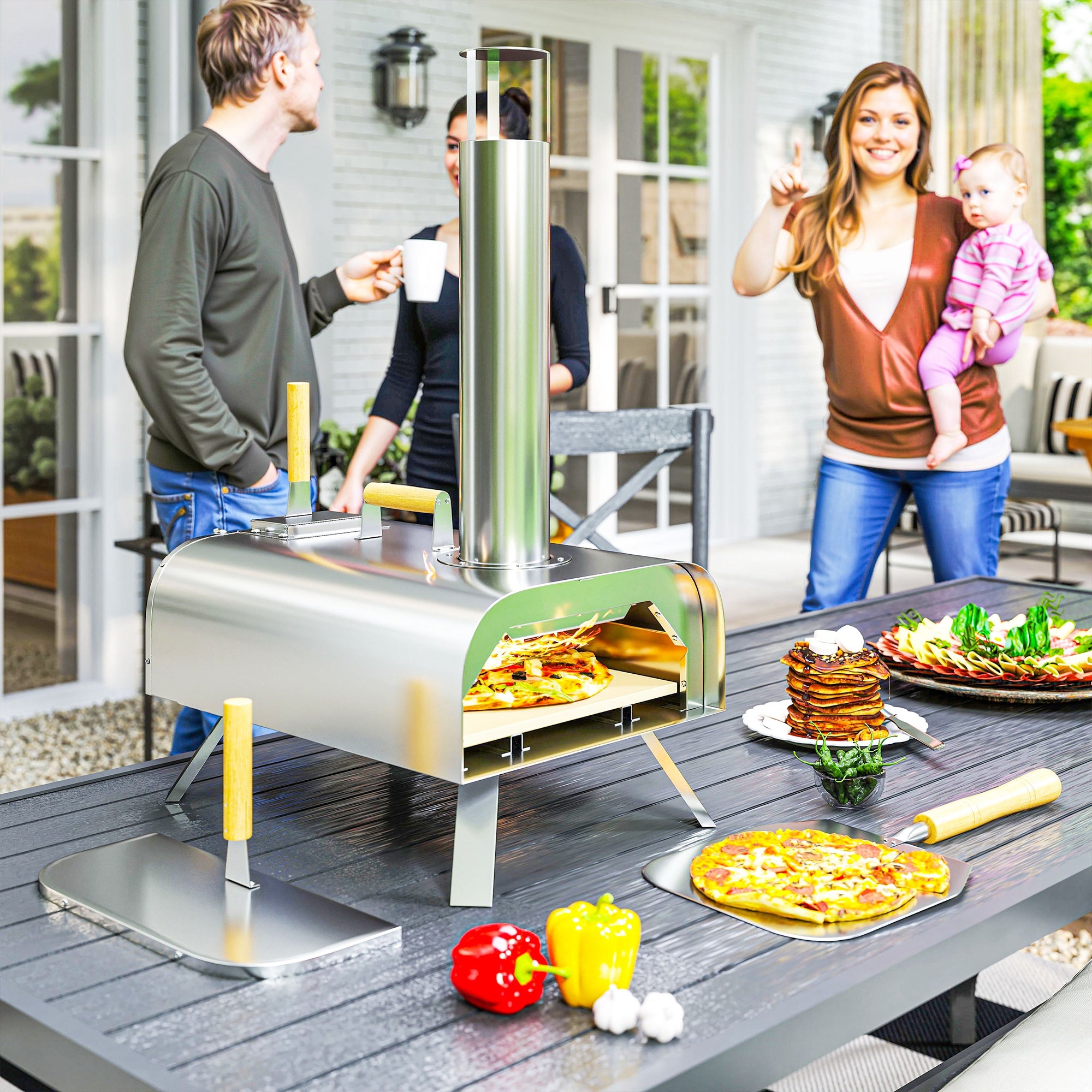Outsunny Outdoor Pizza Oven, Portable Wood Pellet Pizza Oven with Pizza Stone and Peel, Foldable Legs, Chimney, 12 Inch Wood Fired Pizza Maker for Outdoor Cooking, Stainless Steel - North Peak Garden Furniture
