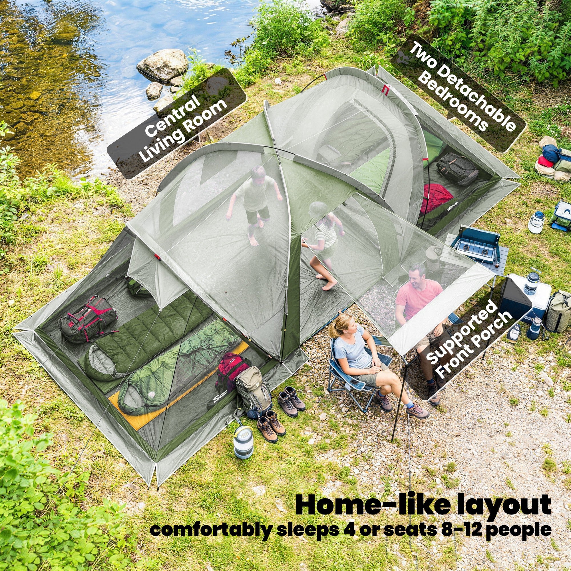 Outsunny Family Camping Tent 3000mm Waterproof Windproof Tunnel Tent 8-12 Person Two Bedrooms Green